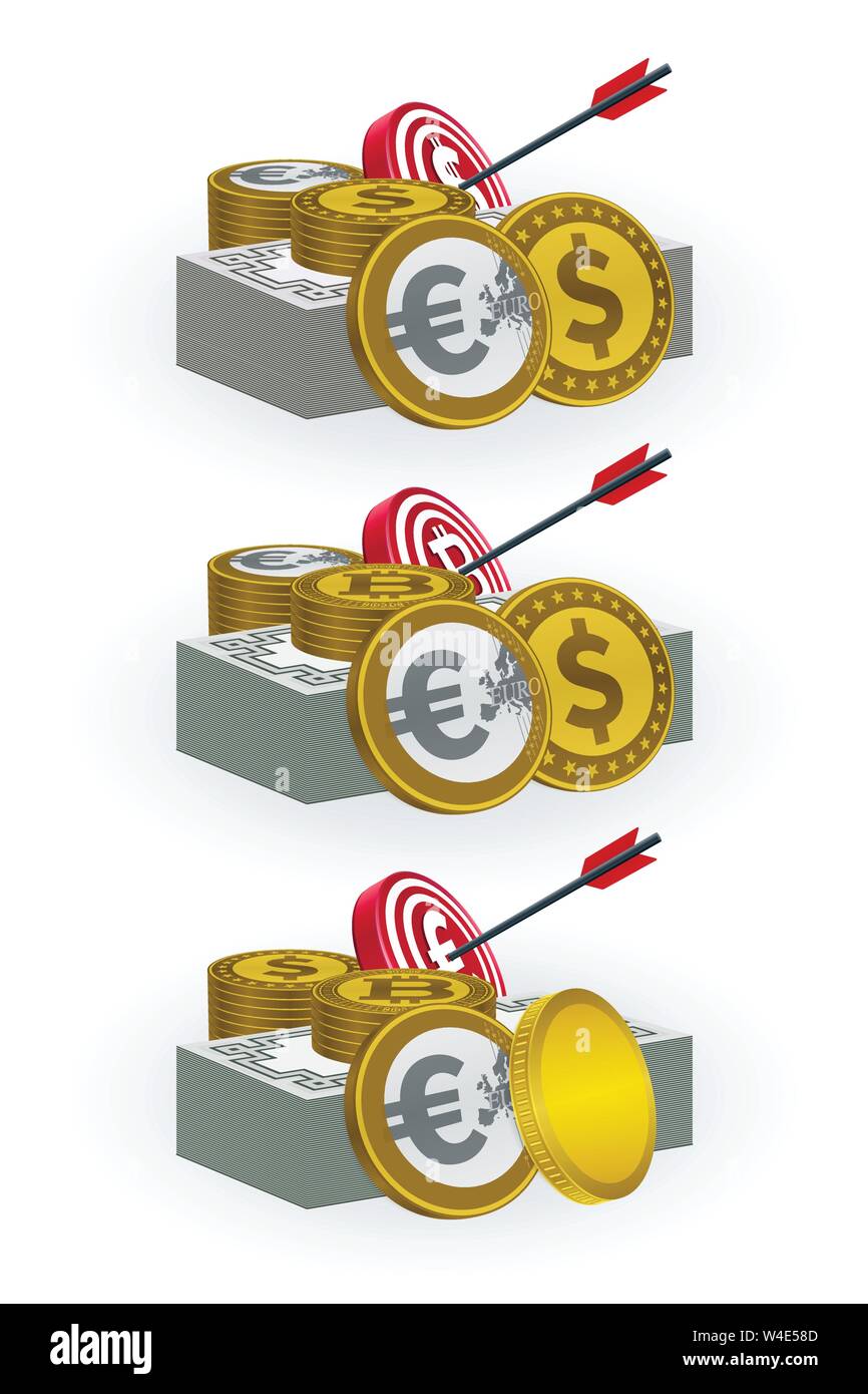 Varie monete, banconote, schede target e i simboli freccia su sfondo bianco. Finanza e target concept design. Illustrazione Vettoriale