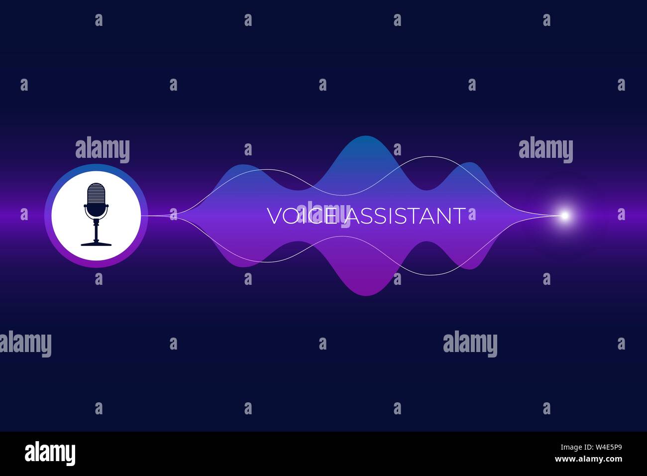 Assistente personale e il riconoscimento vocale del concetto. Pulsante del microfono con gradiente luminoso onda sonora. Soundwave tecnologia intelligente di supporti piani Illustrazione Vettoriale