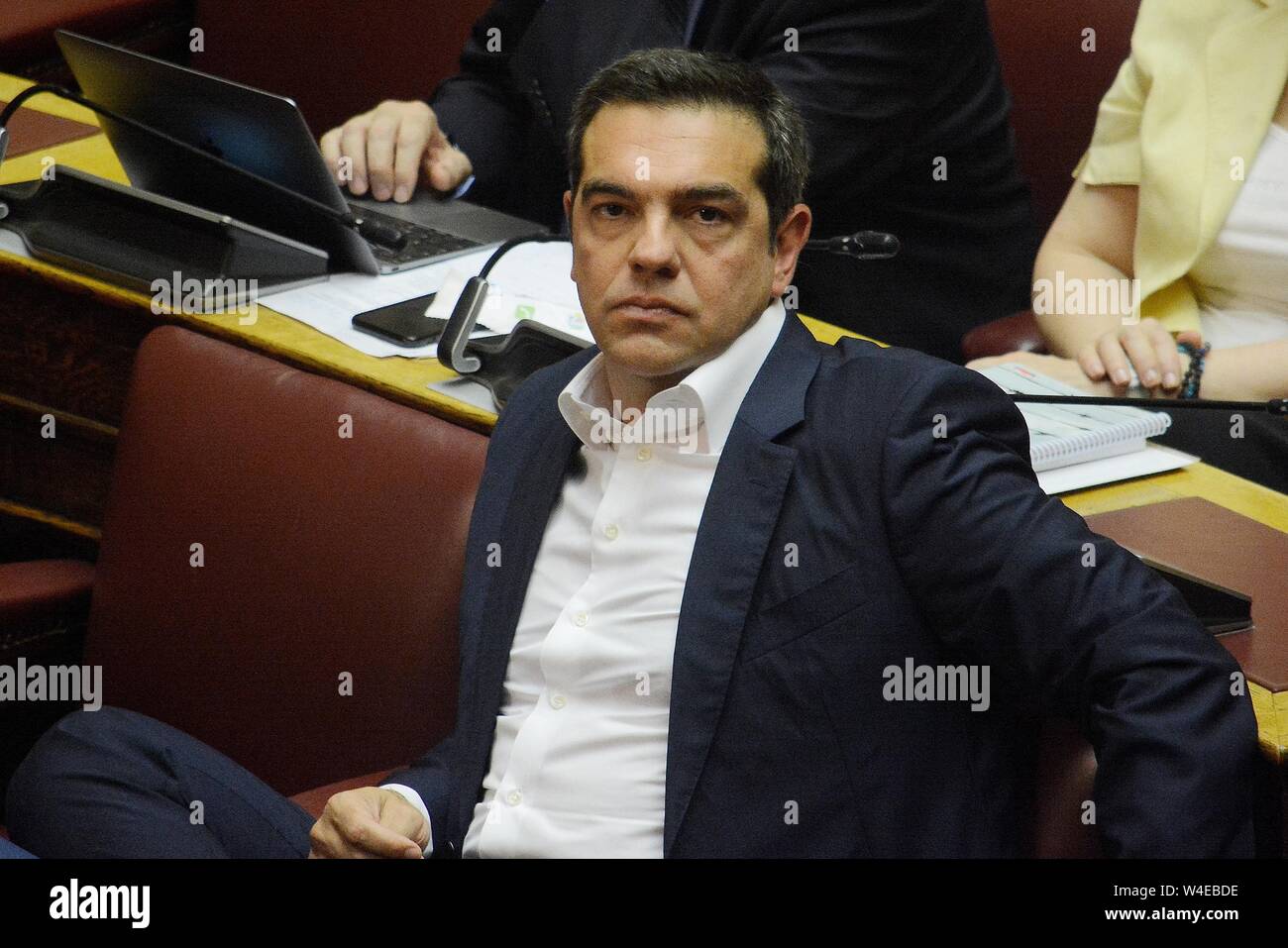 Presidente di SYRIZA, Alexis Tsipras, visto durante il primo giorno di dichiarazioni sulla politica del nuovo governo greco al Parlamento greco ad Atene. Foto Stock