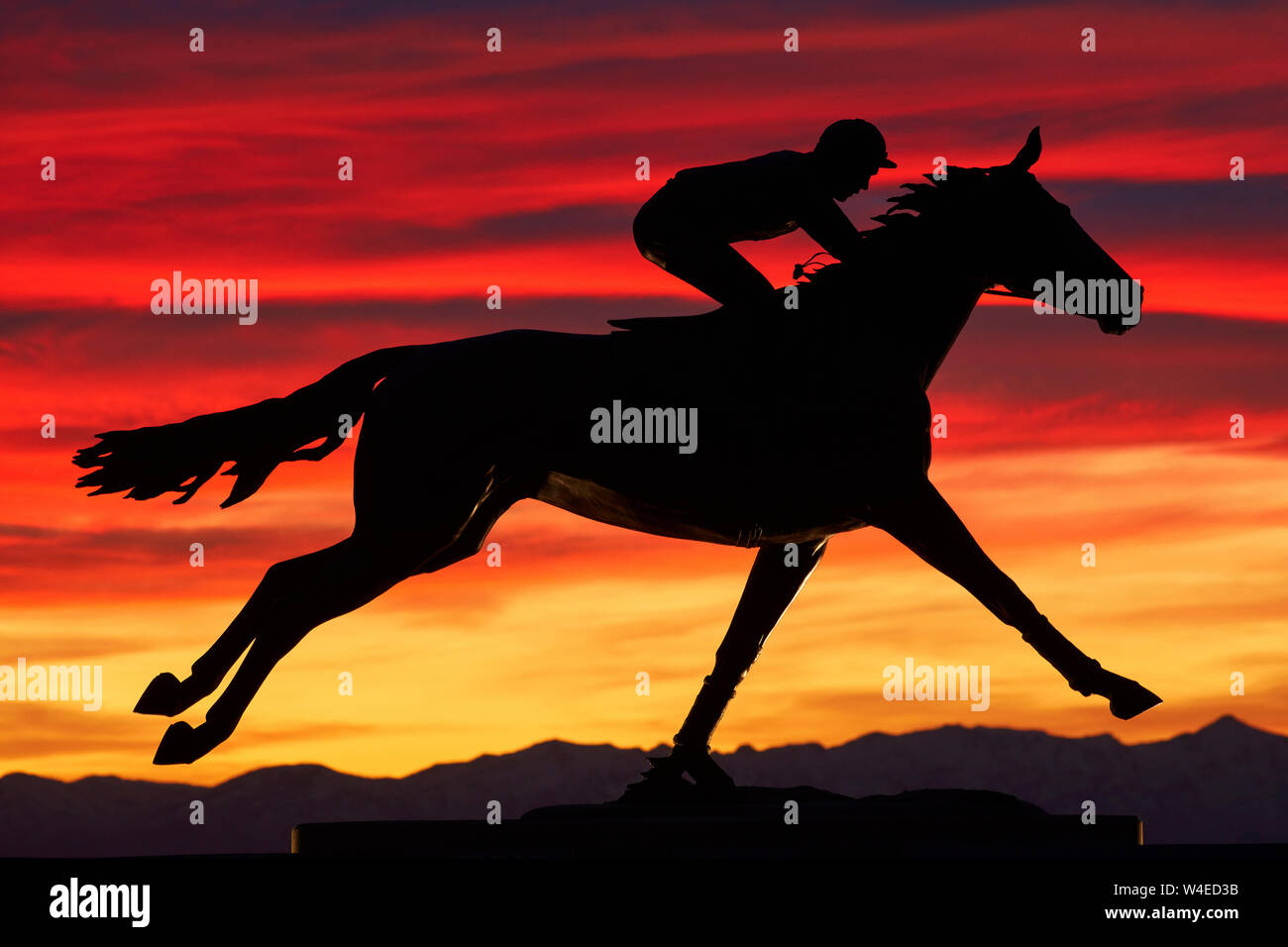 Phar Lap statua al tramonto, Timaru, Canterbury sud, Isola del Sud, Nuova Zelanda Foto Stock