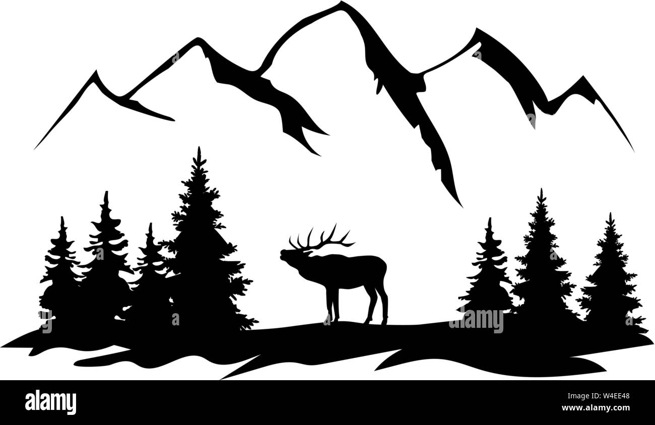 Illustrazione vettoriale di montagne, foreste, animale silhouette. natura dello sfondo. Illustrazione Vettoriale