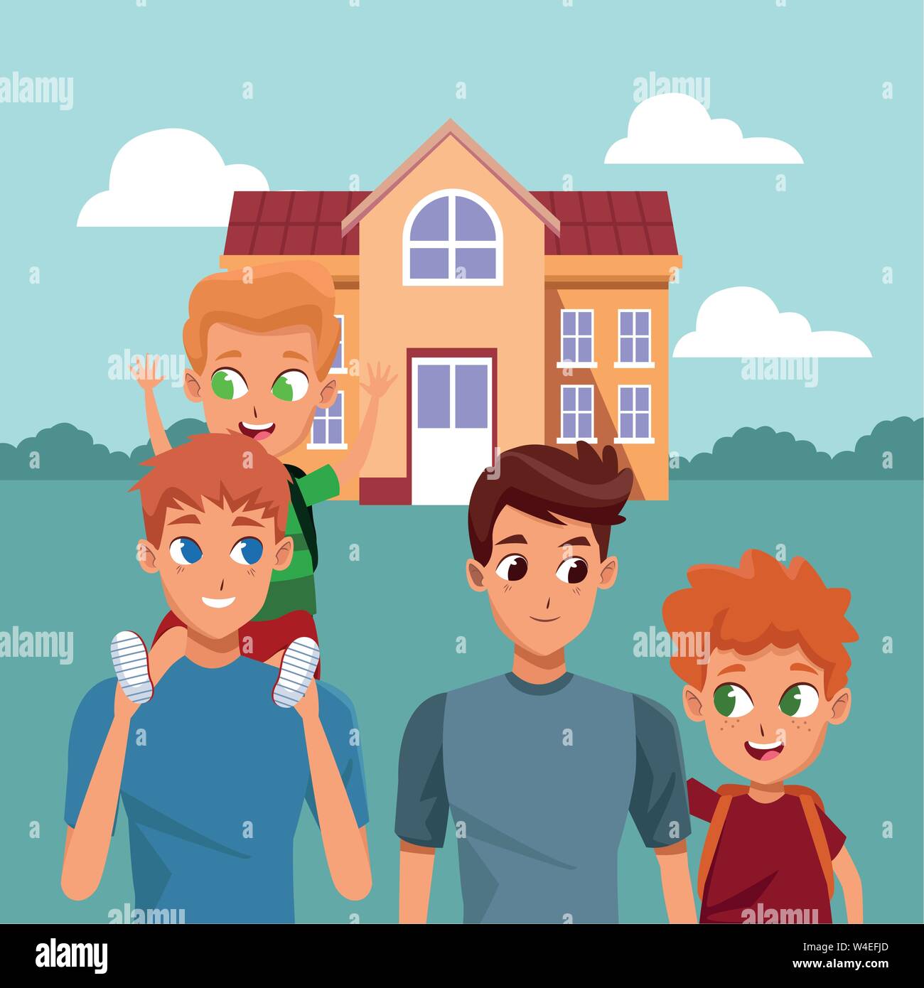 Famiglia giovani genitori con bambini cartoon Illustrazione Vettoriale