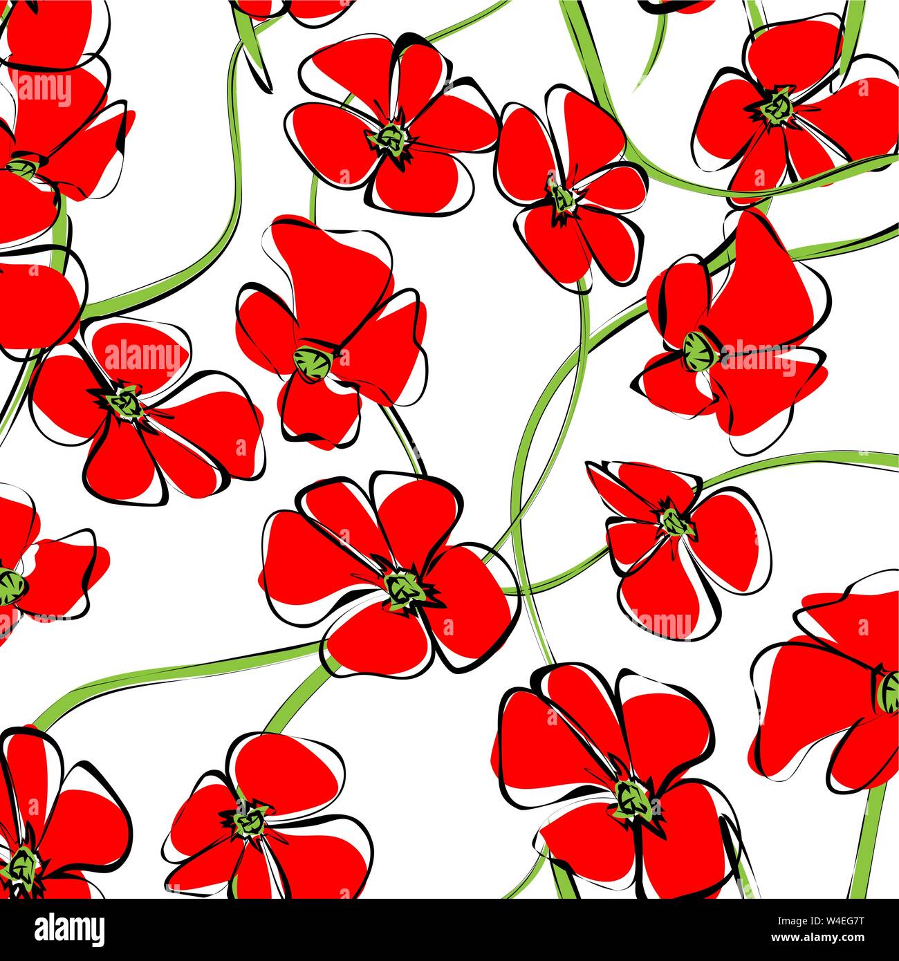 Fiore di primavera configurazione del campo di background. Fiori di colore rosso di fioritura del papavero selvatico con stelo verde foglia, fiori e bocciolo. Motivo floreale per la carta da parati, tessile Illustrazione Vettoriale