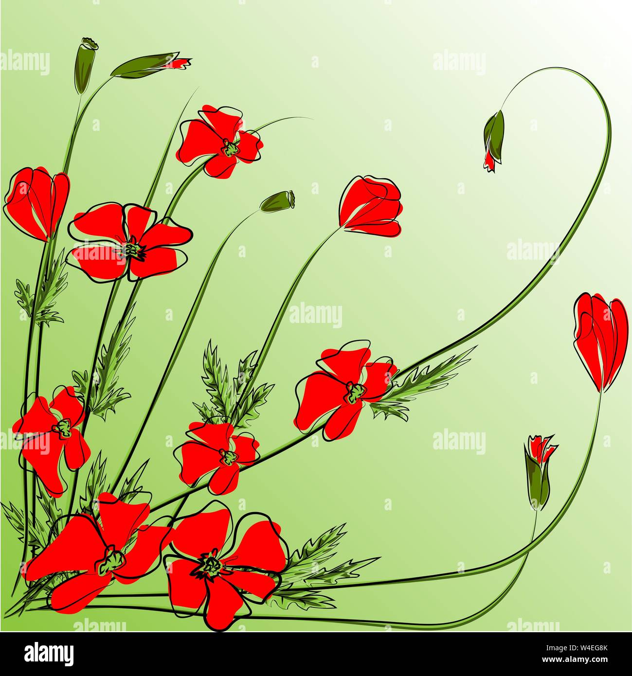 Bouquet papaveri rossi. Bouquet di vettore realizzato nello stile di disegno a mano. Papaveri, gemme, erba - uso per la progettazione di estate, memorial day Illustrazione Vettoriale