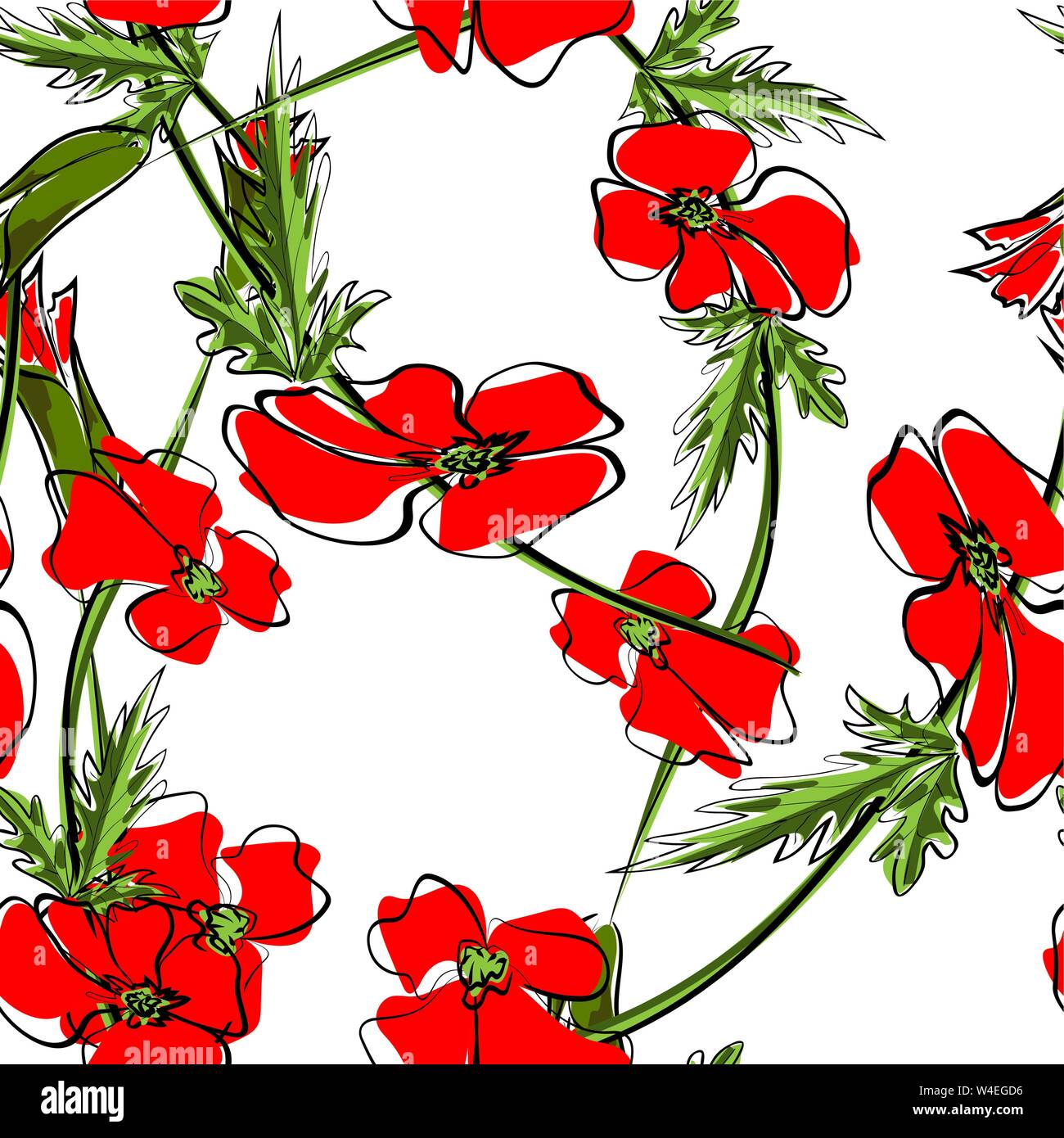 Modello senza cuciture con papavero rosso fiori e boccioli su bianco Illustrazione Vettoriale