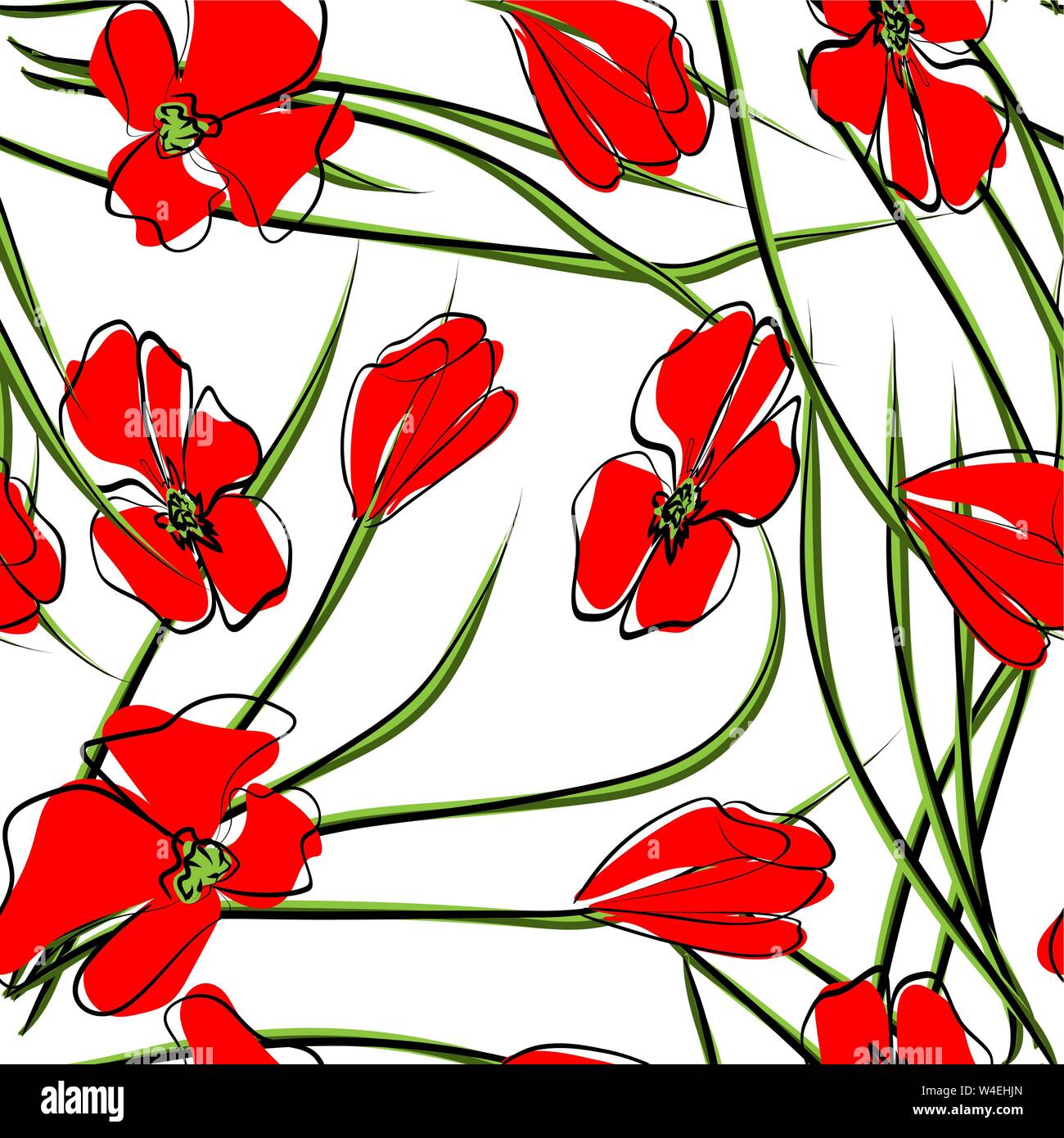 Modello senza cuciture con papavero rosso fiori e boccioli su bianco Illustrazione Vettoriale