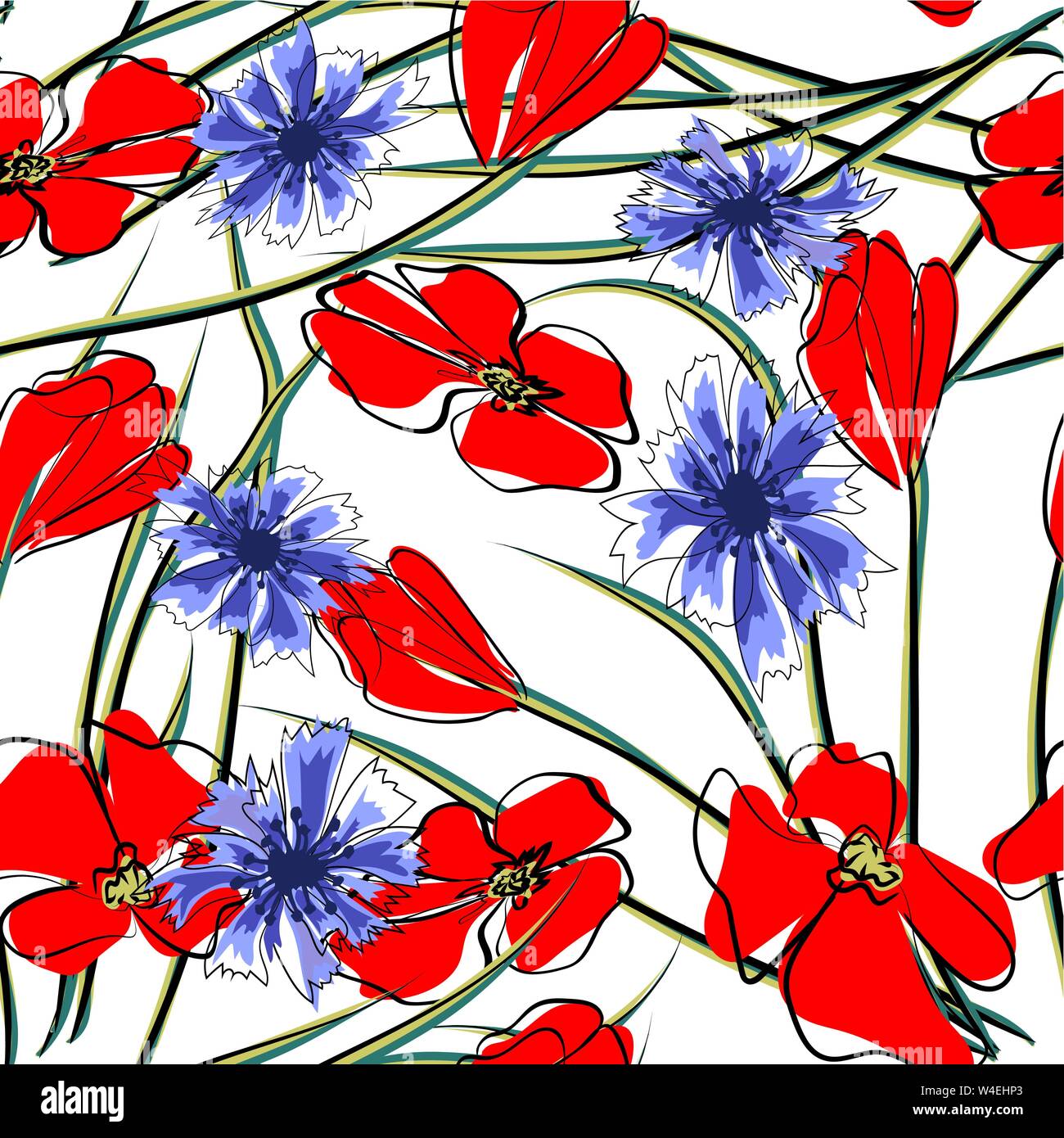 Fiore di primavera campo pattern seamless sfondo. Fiori di colore rosso di fioritura del papavero selvatico con stelo verde foglia, fiori e bocciolo. Motivo floreale per la carta da parati Illustrazione Vettoriale