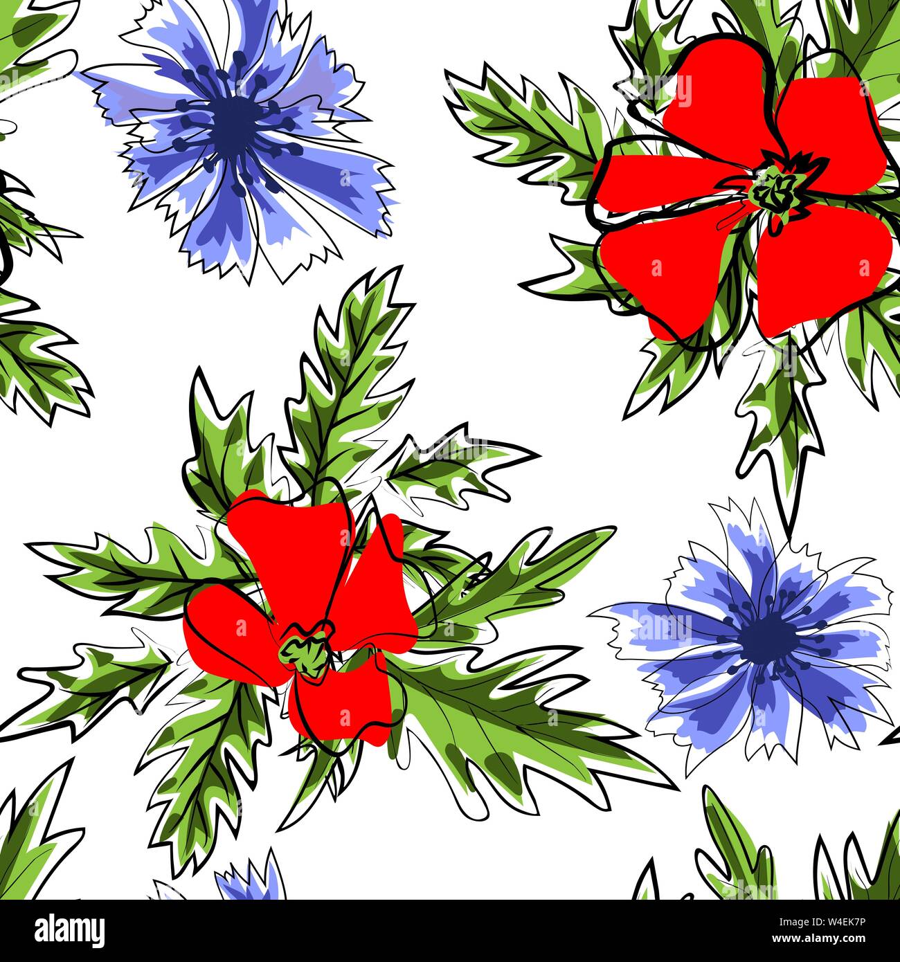 Fiore di primavera campo pattern seamless sfondo. Fiori di colore rosso di fioritura del papavero selvatico con stelo verde foglia, fiori e bocciolo. Motivo floreale per la carta da parati Illustrazione Vettoriale