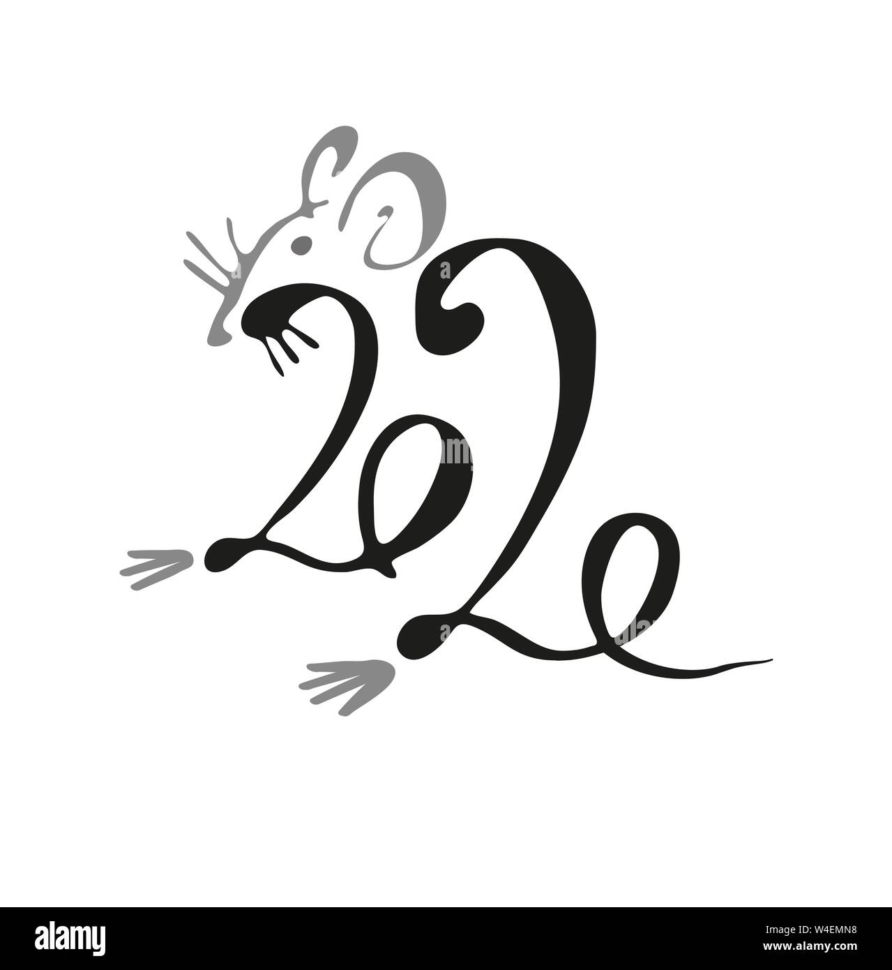 2020. L'iscrizione con un ratto. Calligraphy. Il Capodanno cinese 2020. Illustrazione di vettore isolato su sfondo bianco. Illustrazione Vettoriale