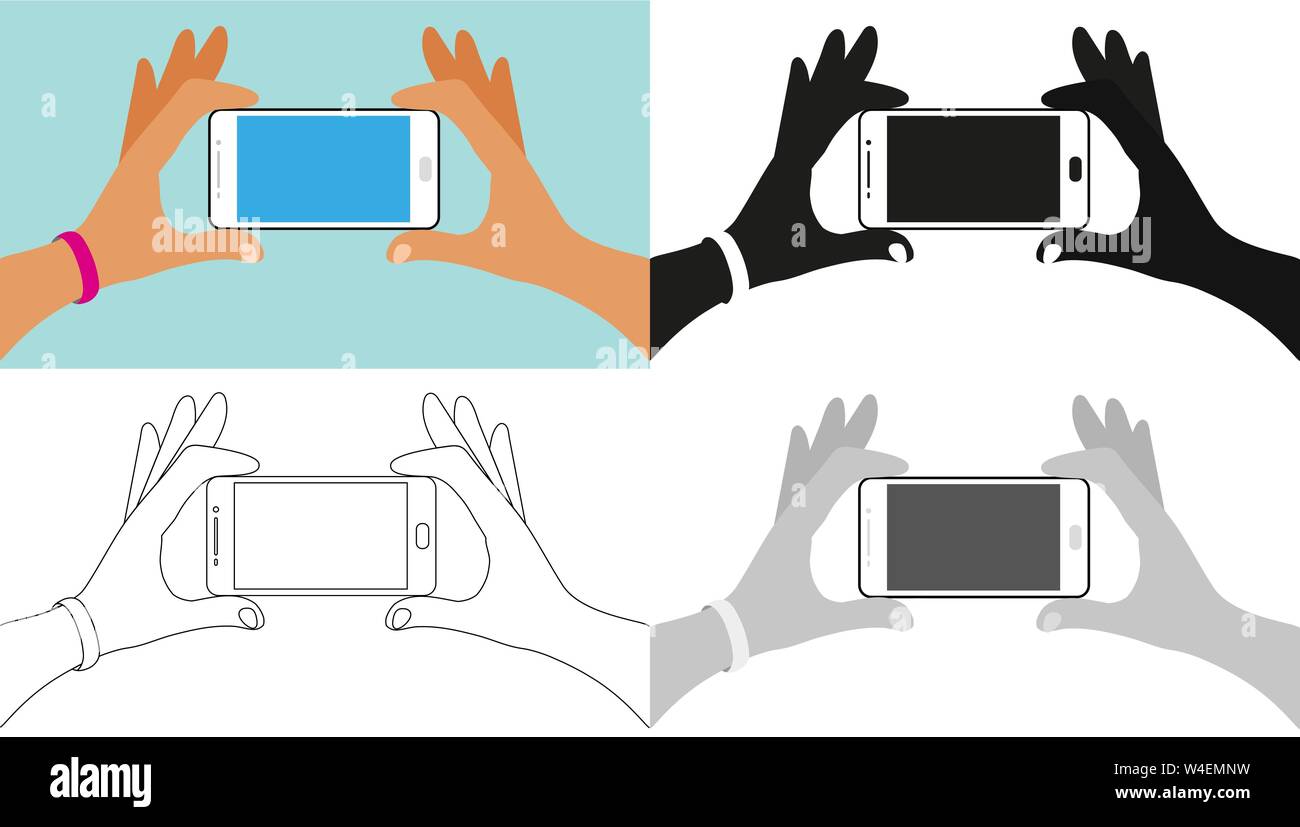 Le due mani sono in possesso di un smartphone con uno schermo vuoto. Mani tenendo il telefono, il set di icone a colori, contorno, silhouette, in scala di grigi. Elementi per istruzione, comunicazione sociale. Vettore di stock. Illustrazione Vettoriale
