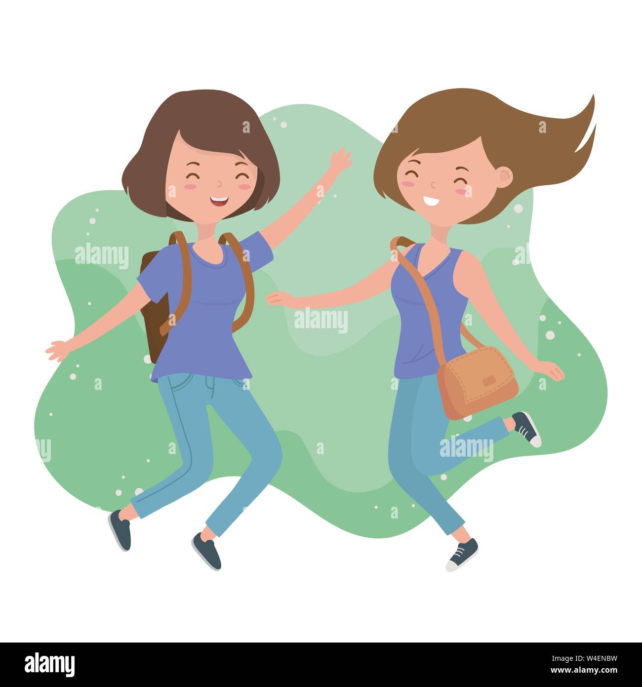Felice giovani donne celebrando jumping caratteri illustrazione vettoriale design Illustrazione Vettoriale
