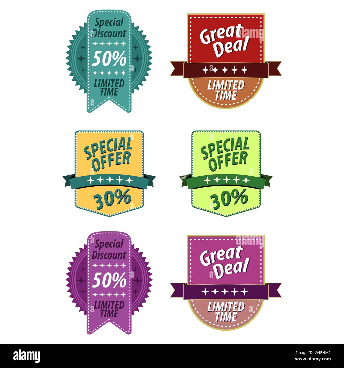 I cartellini del prezzo etichetta con la vendita e lo sconto testo in forme diverse per la fine della stagione la promozione del negozio. Illustrazione Vettoriale Illustrazione Vettoriale