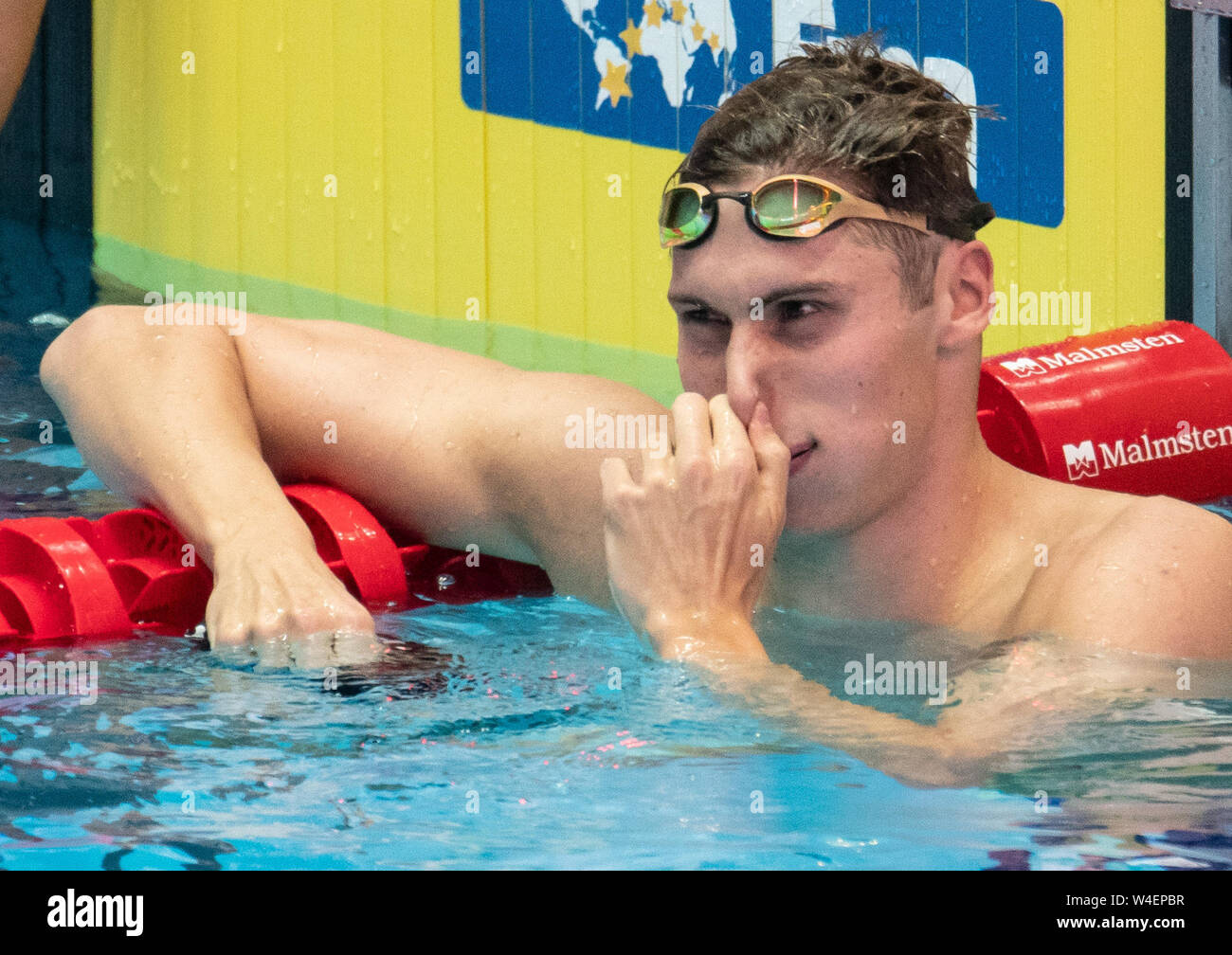 Gwangju, Corea del Sud. 23 Luglio, 2019. Nuoto nel campionato del mondo: 200 metri farfalla, uomini, preliminare: David Thomasberger dalla Germania reagisce. Credito: Bernd Thissen/dpa/Alamy Live News Foto Stock