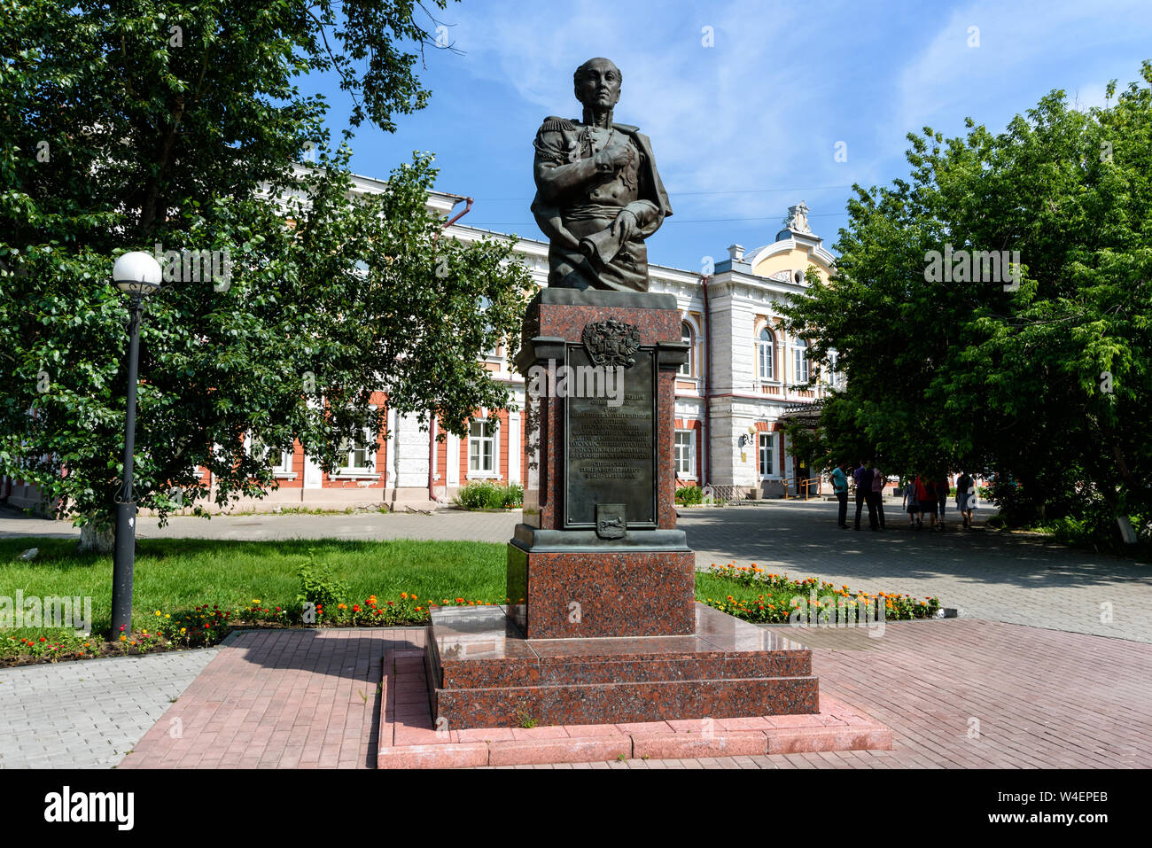 Russia, Irkutsk - 6 luglio 2019: Il monumento di Graf Speransky della regione di Irkutsk, l'area di Tikhvinsky o Piazza Kirov Foto Stock