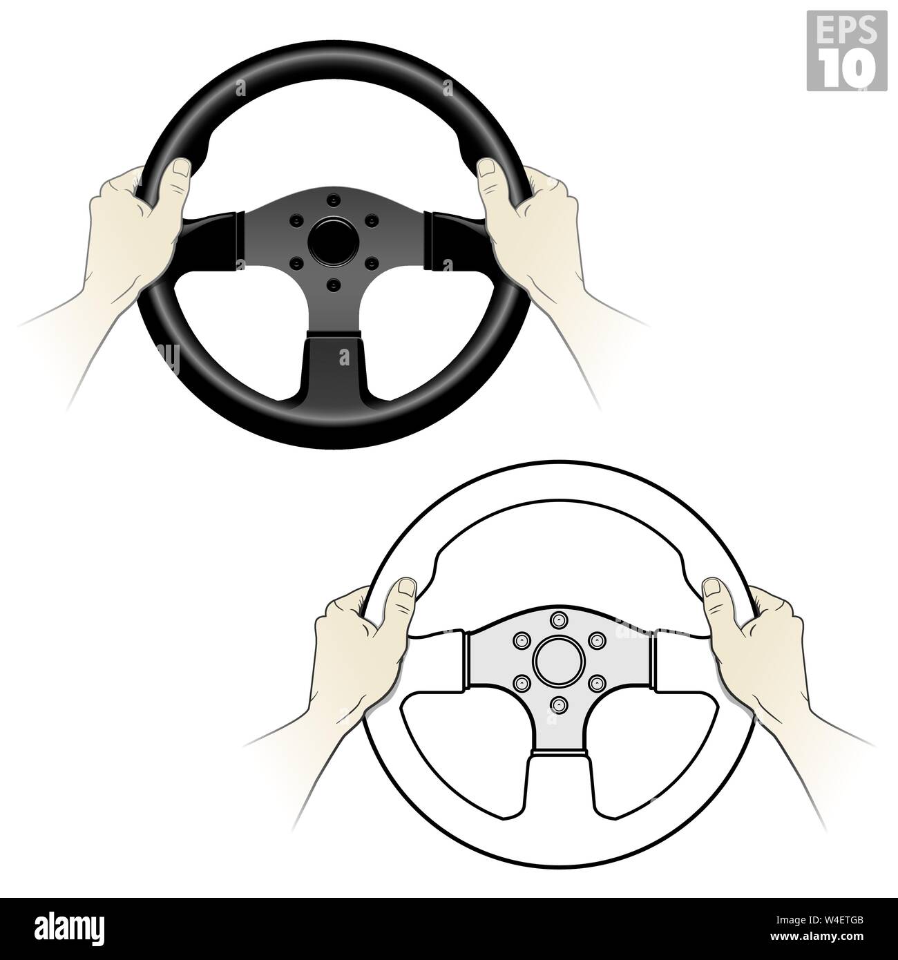 Un driver automotive tenendo un racing volante con la corretta posizione del pollice per la sicurezza di guida. Illustrazione Vettoriale
