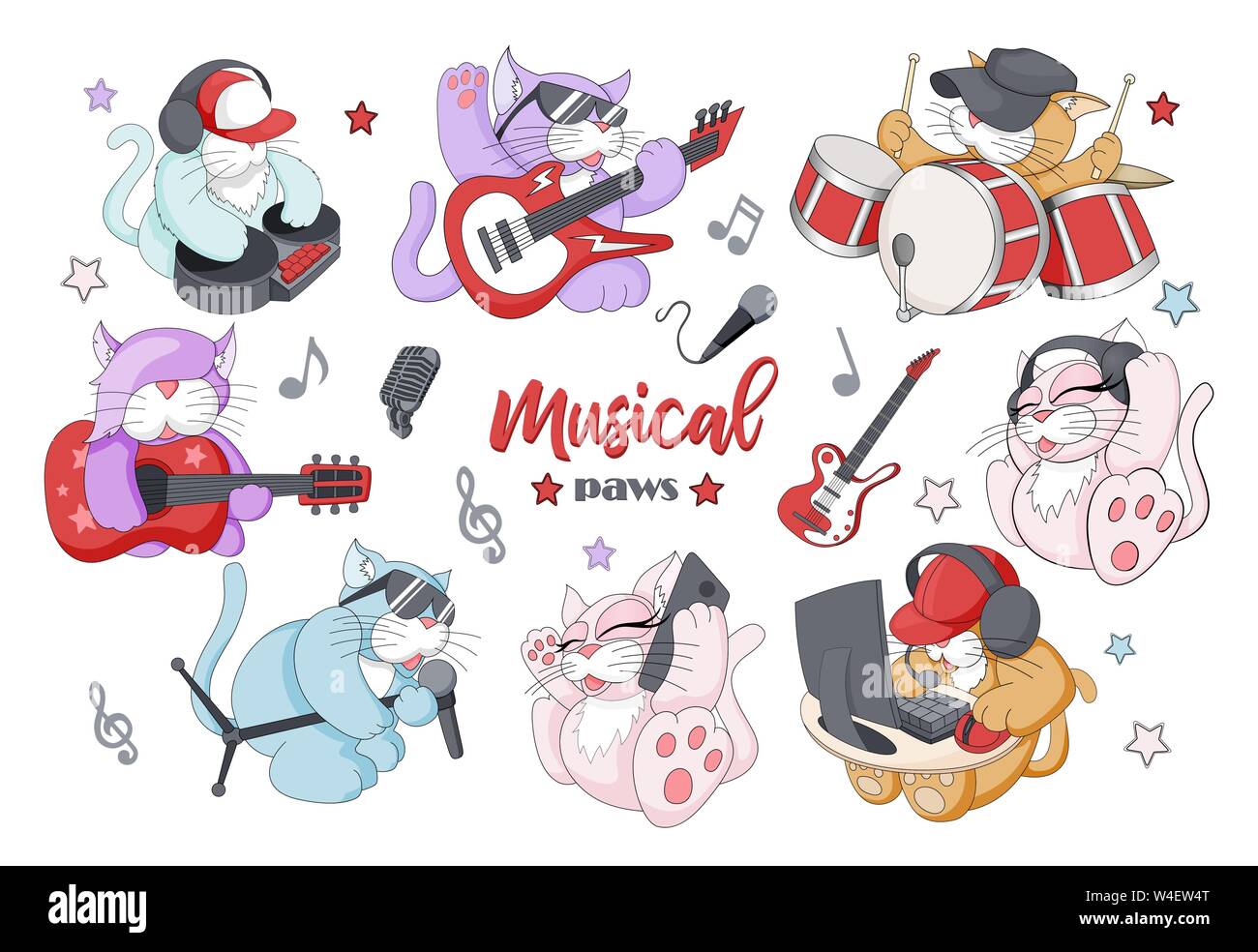 Set di vettore di strani piccoli caratteri musicali con vari strumenti Illustrazione Vettoriale