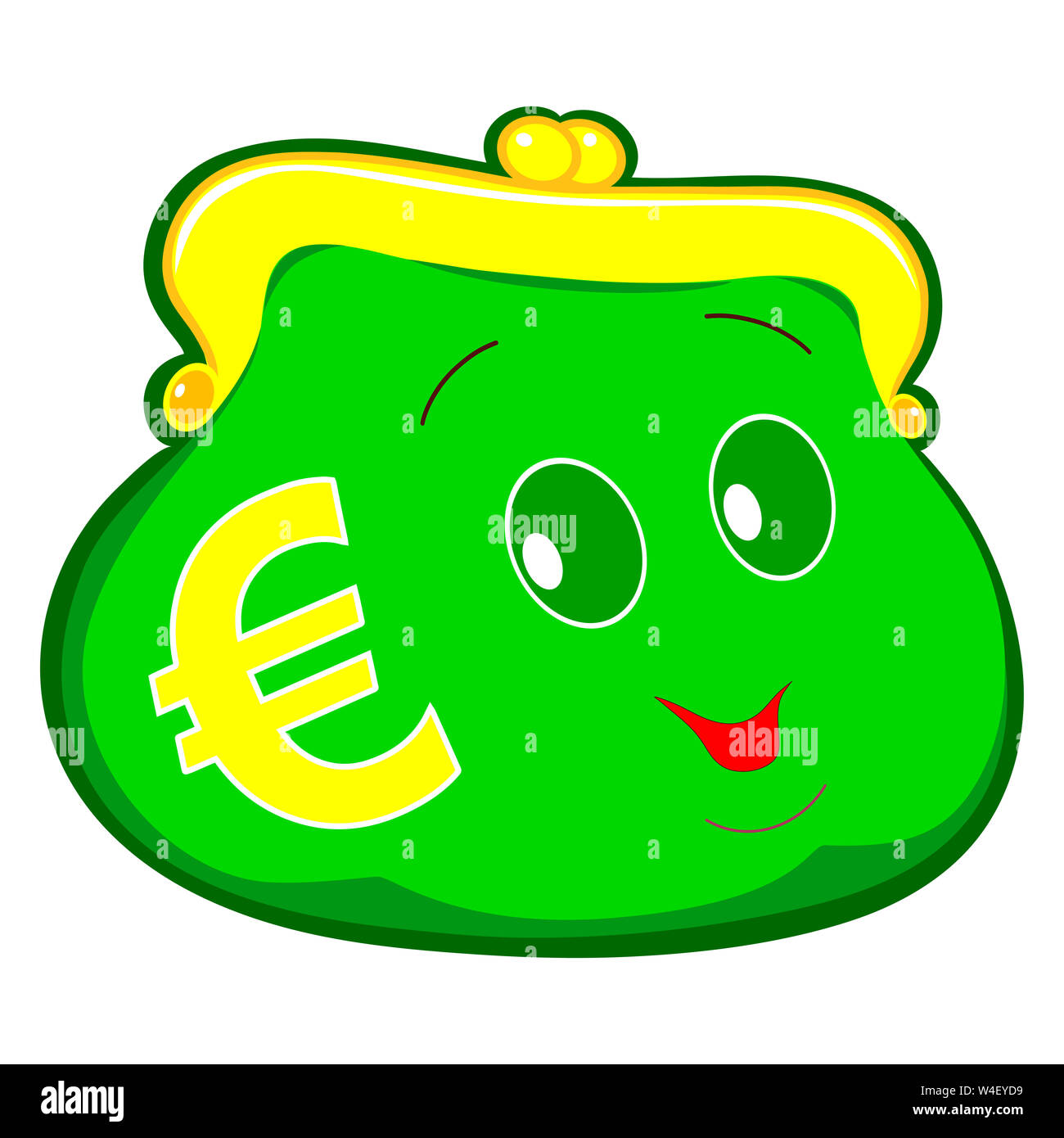 Disegno piatto di un portafoglio verde. Portafoglio con occhi . Simbolo  dell'euro sul portafoglio. Portafoglio fumetto sorridente. Isolato, bianco.  Illustrazione Foto stock - Alamy