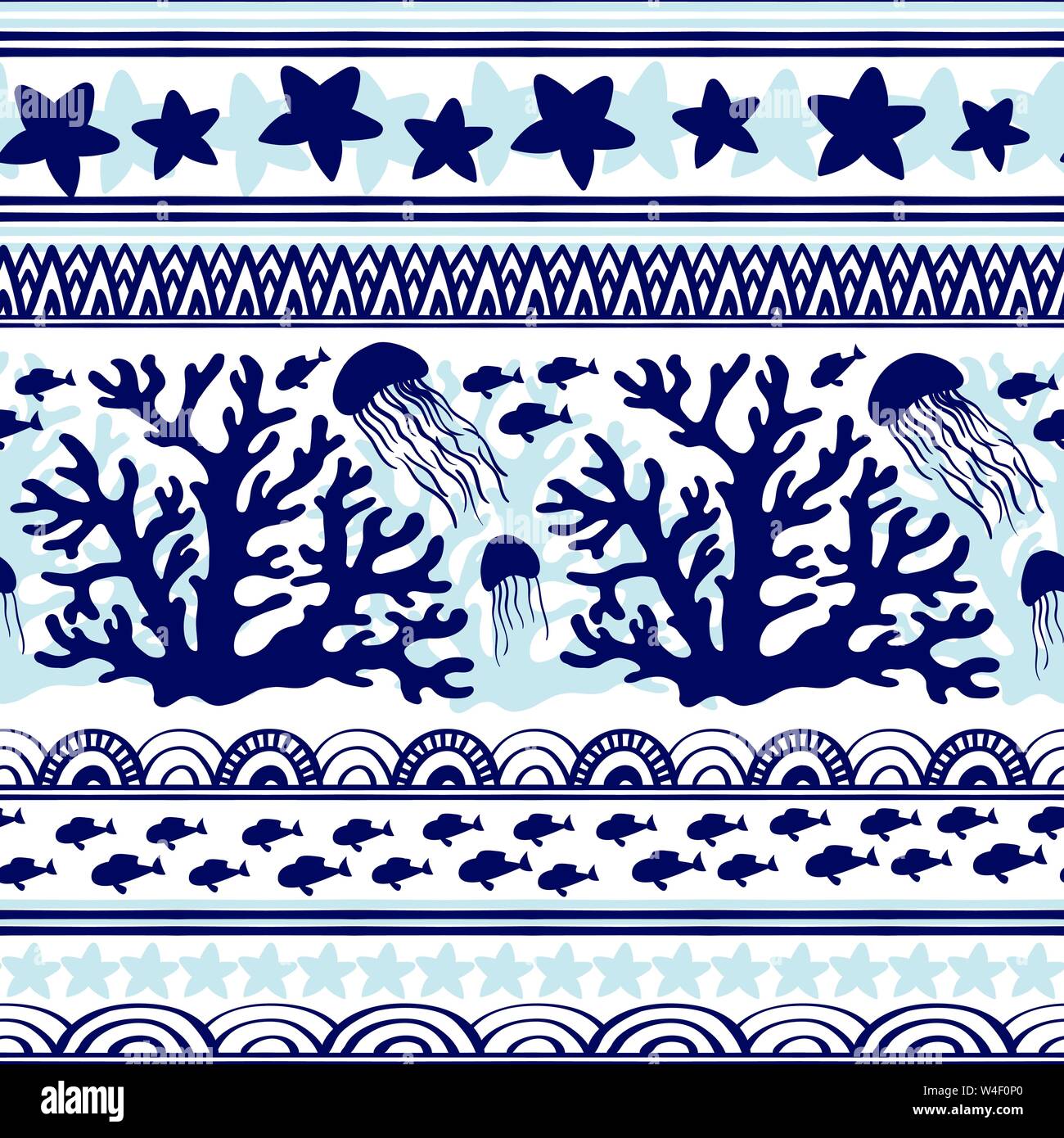 Stripe pattern senza giunture con mare animali subacquei. Cartoon carino meduse, corallo, stelle marine e fishs tropicale. Sfondo marino per i bambini. Perfetto per la stampa tessile, design di tessuto e tessuto Illustrazione Vettoriale Stripe pattern senza giunture con mare animali subacquei. Cartoon carino meduse, corallo, stelle marine e fishs tropicale. Sfondo marino per i bambini. Perfetto per la stampa tessile, design di tessuto e tessuto Illustrazione Vettoriale