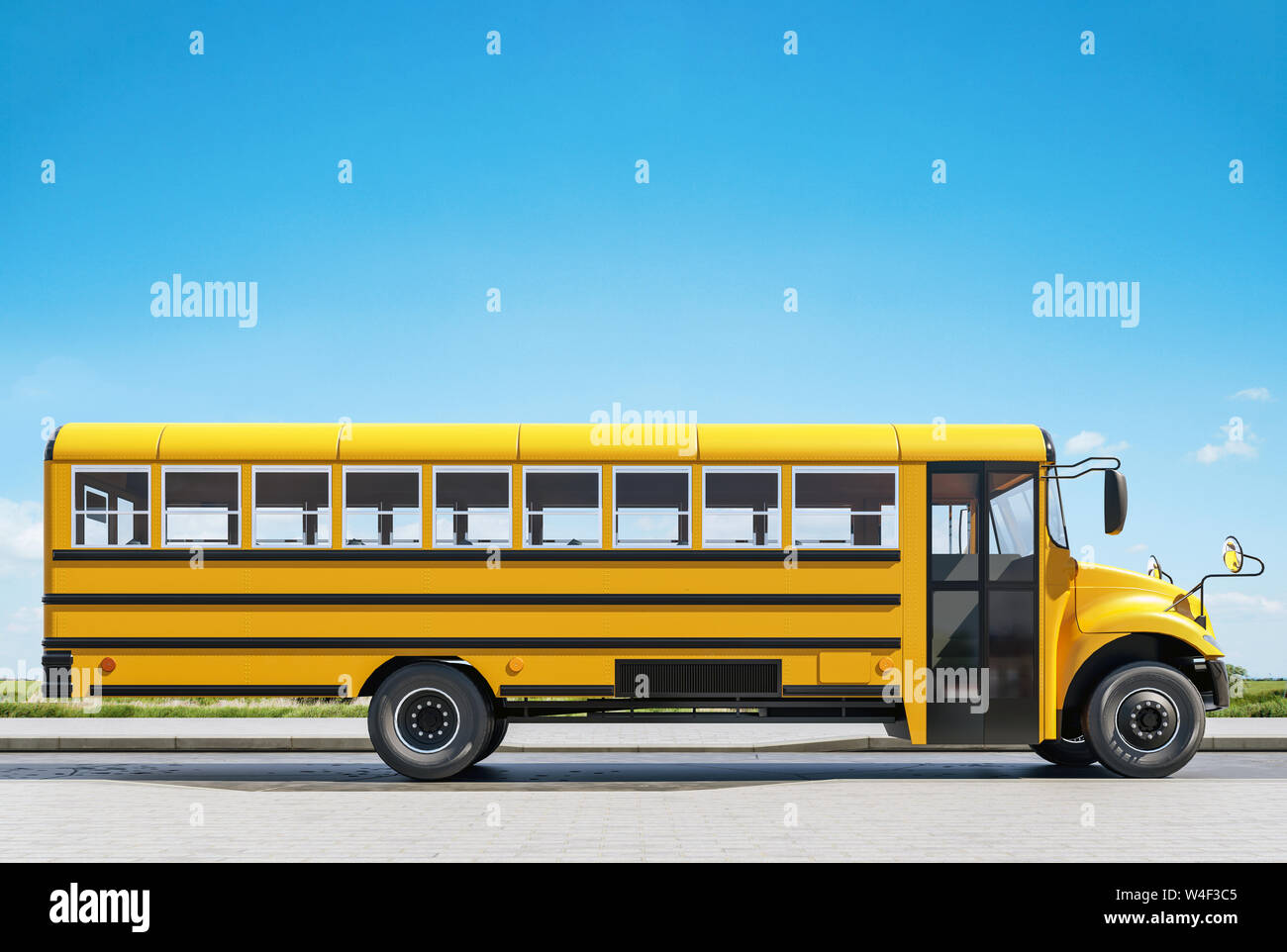 Scuola bus parcheggiato sulla strada, concetto di tornare a scuola, bella giornata di sole, rendering 3D Foto Stock