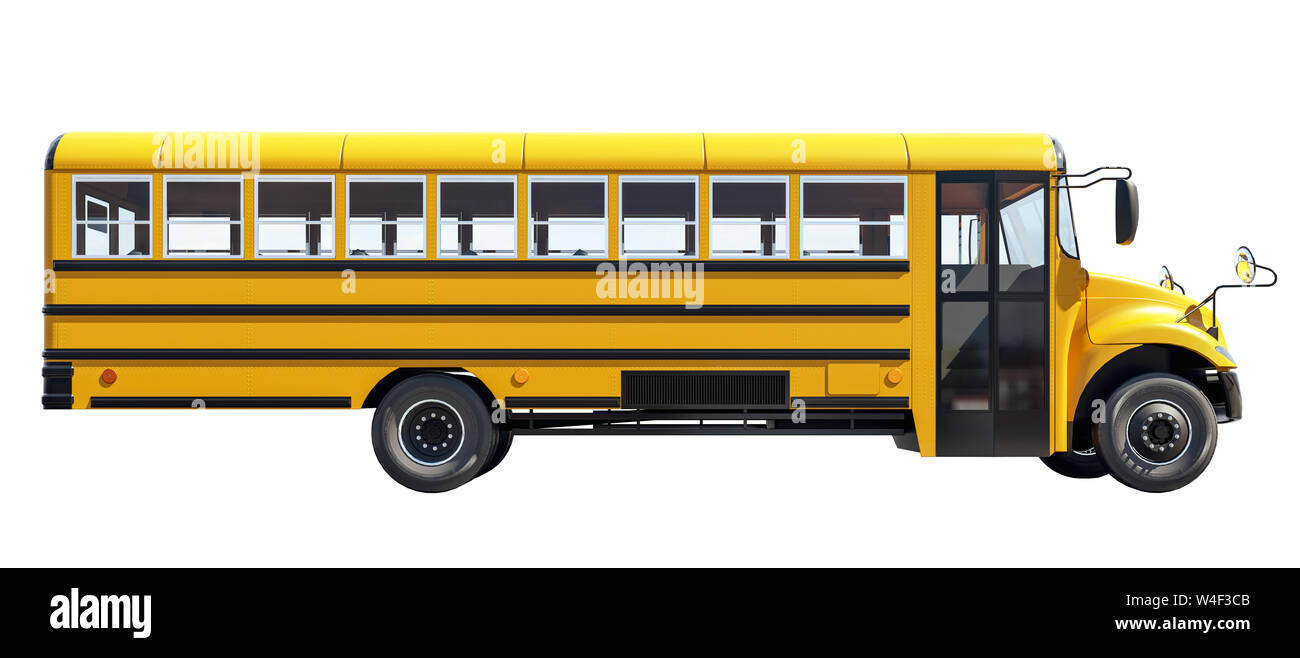 Scuola bus pisolated su sfondo bianco, concetto di tornare a scuola, bella giornata di sole, rendering 3D Foto Stock