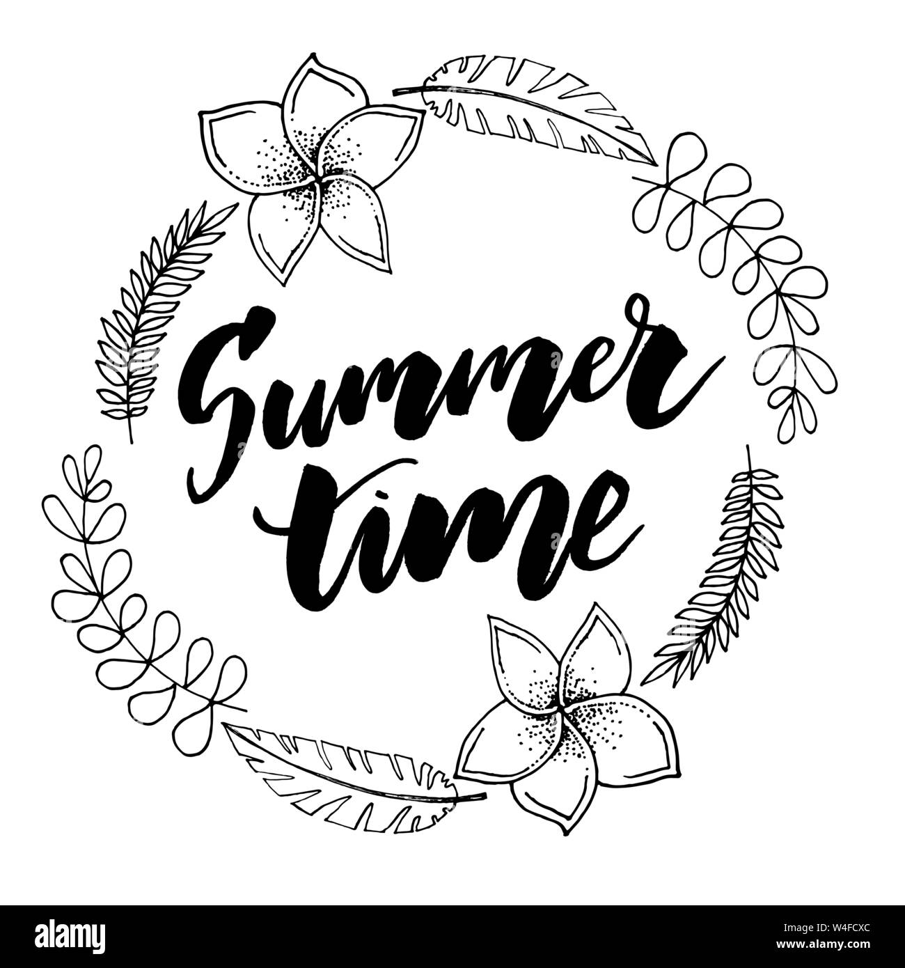 Orario estivo vettore design banner con cerchio bianco per testo e pittoresca spiaggia di elementi di sfondo bianco. Illustrazione Vettoriale Illustrazione Vettoriale