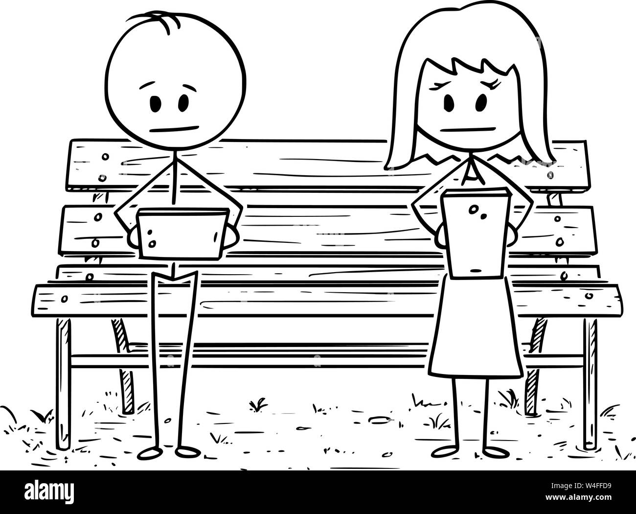 Vector cartoon stick figura disegno illustrazione concettuale del giovane di un uomo e di una donna seduta su una panchina nel parco, sia l'utilizzo dei social media sul telefono cellulare e ignorando ogni altro. Illustrazione Vettoriale