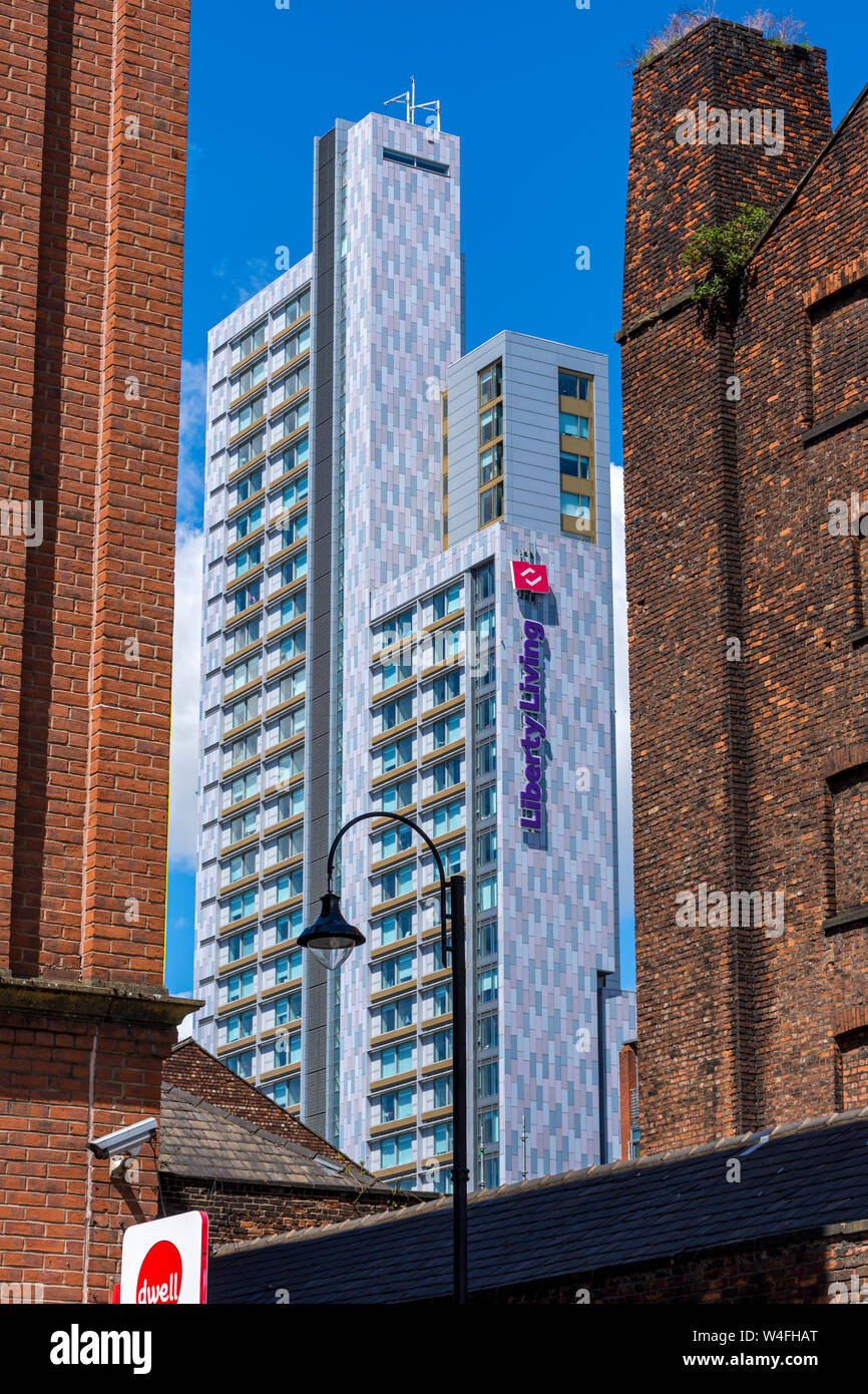 La libertà vivere alloggi per studenti edificio (ex studente castello), Nuova Wakefield Street, Manchester, Inghilterra, Regno Unito. Foto Stock