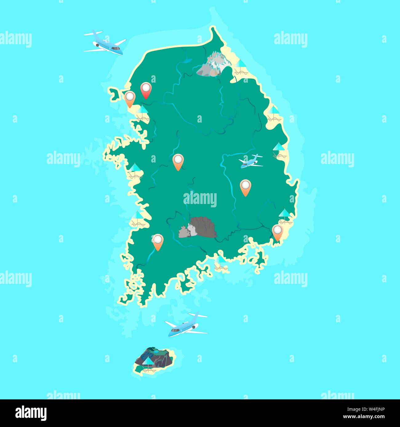 Corea del Sud mappa vettoriale con la designazione delle più grandi montagne, isole, vulcano, spiagge, la città e il fiume. Vettore. Illustrazione Vettoriale