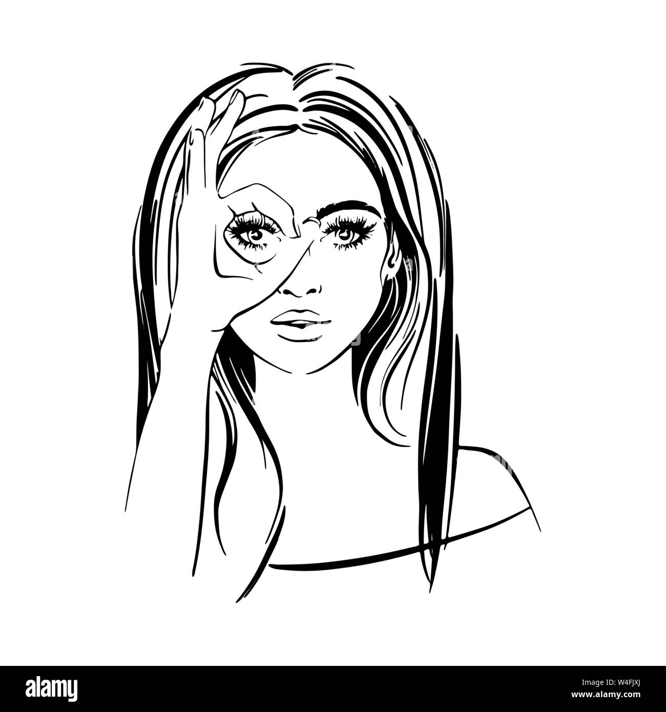 Una bellissima donna con lunghi capelli scuri, con incrociate le dita e guarda come attraverso il binocolo, giovane donna faccia Illustrazione Vettoriale
