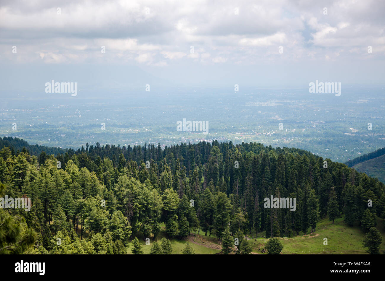 Splendida vista della valle del Kashmir Gulmarg da strada in Gulmarg Wildlife Sanctuary, Jammu e Kashmir India Foto Stock