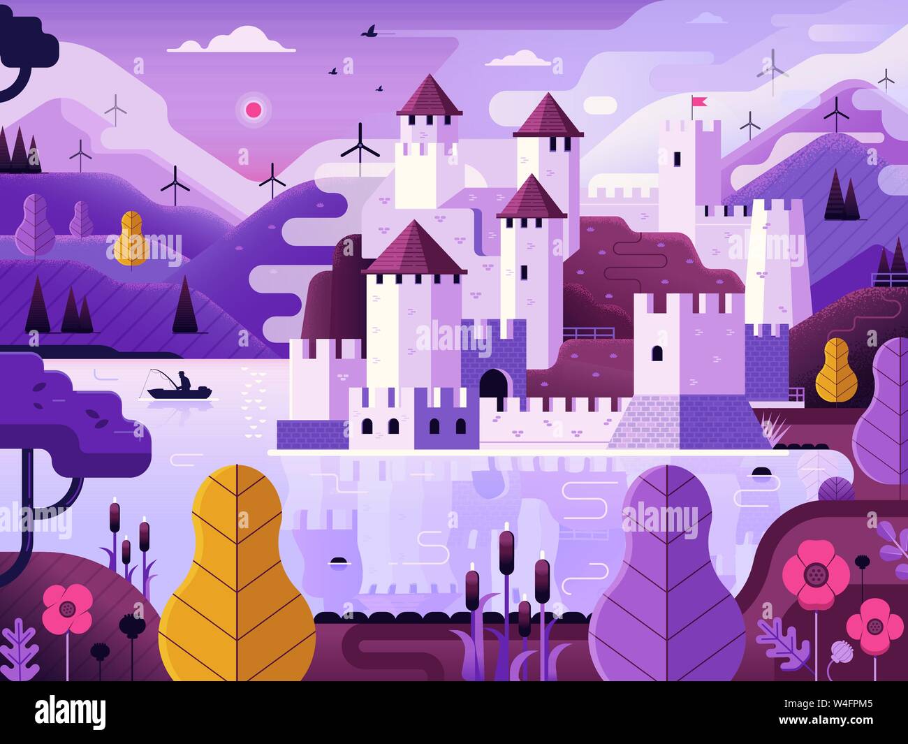 Castello medievale sul lago paesaggio di fantasia Illustrazione Vettoriale