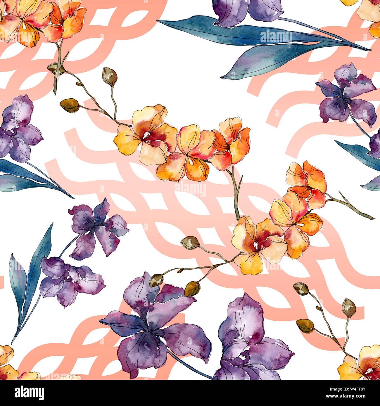 Orchid floreale di fiori botanica. Wild molla a balestra di fiori selvaggi. Illustrazione ad acquerello set. Disegno ad acquerello fashion aquarelle. Sfondo senza giunture Foto Stock