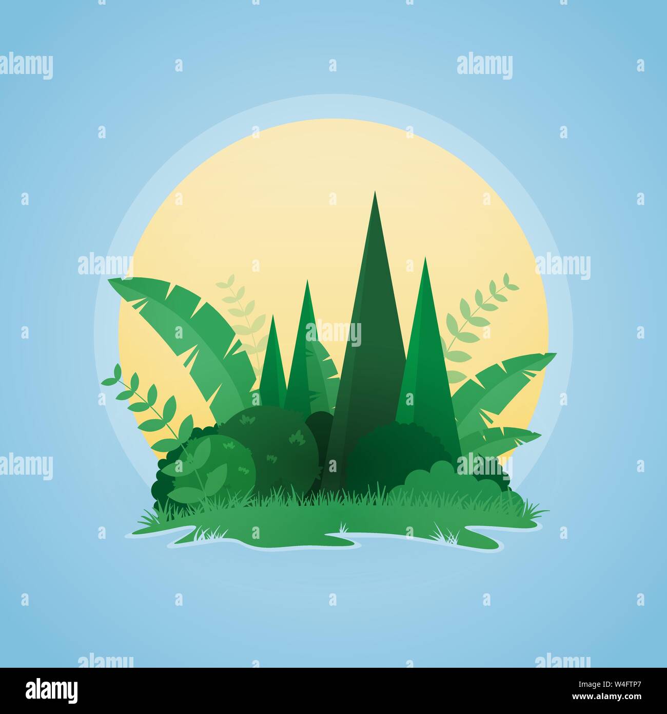 Illustrazione Vettoriale di foresta pluviale tropicale paesaggio piante e alberi tropicali. Il design del vettore di tropicale piccola isola tramonto paesaggio. Illustrazione Vettoriale