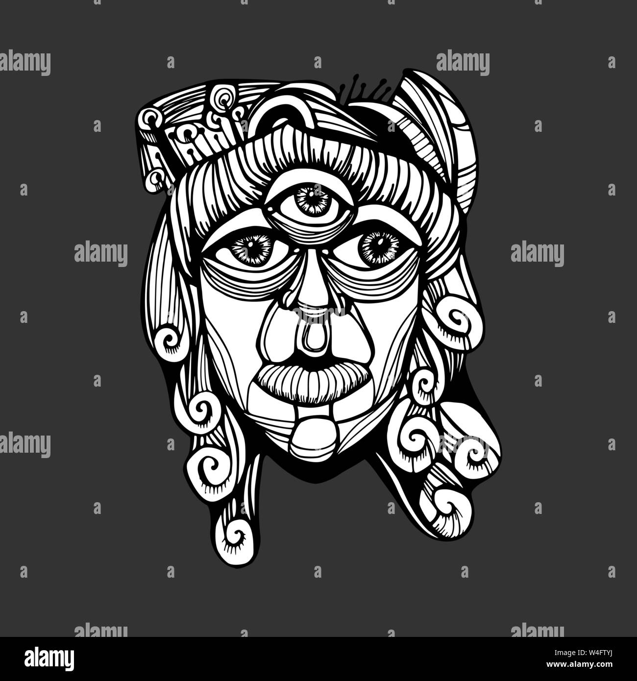Tre-eyed dio Shiva. Disegno psichedelico. Disegno di fantasia Illustrazione Vettoriale