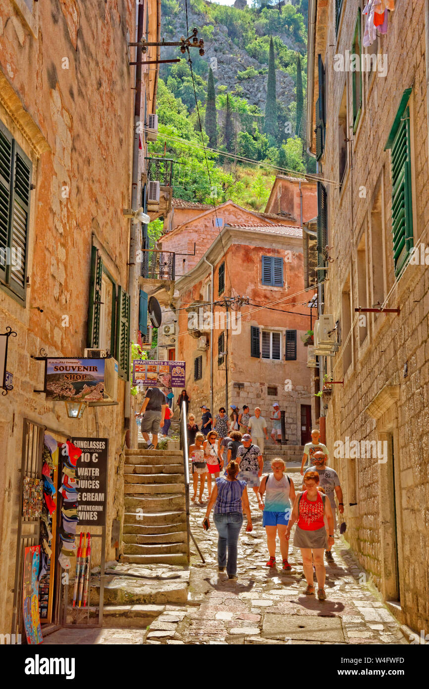 Backstreet a Cattaro città vecchia, Montenegro. La strada è anche l'approccio alla parete popolare salita di Cattaro Città Vecchia bastioni. Foto Stock