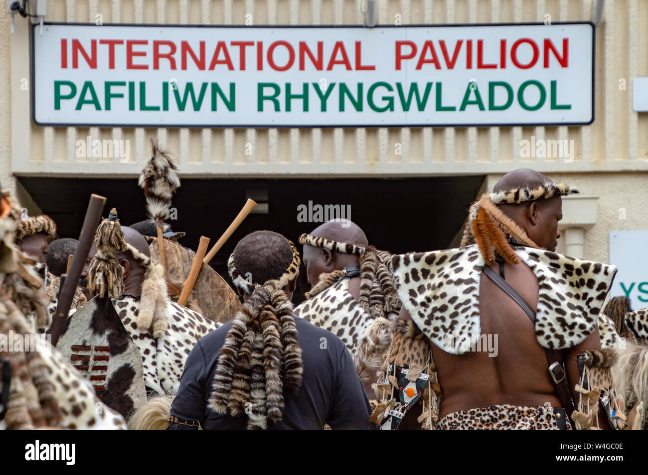 Guerrieri Zulu. Visita del re la buona volontà della Nazione Zulu al Royal Welsh Show (RWA) a Builth Wells. Llanelwedd, POWYS, GALLES. Foto Stock