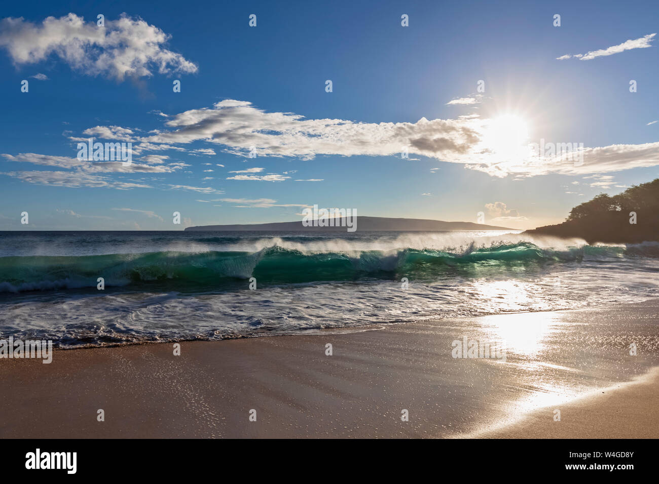 Wave contro il sole, la Spiaggia Grande, Makena Beach State Park, Maui, Hawaii, STATI UNITI D'AMERICA Foto Stock