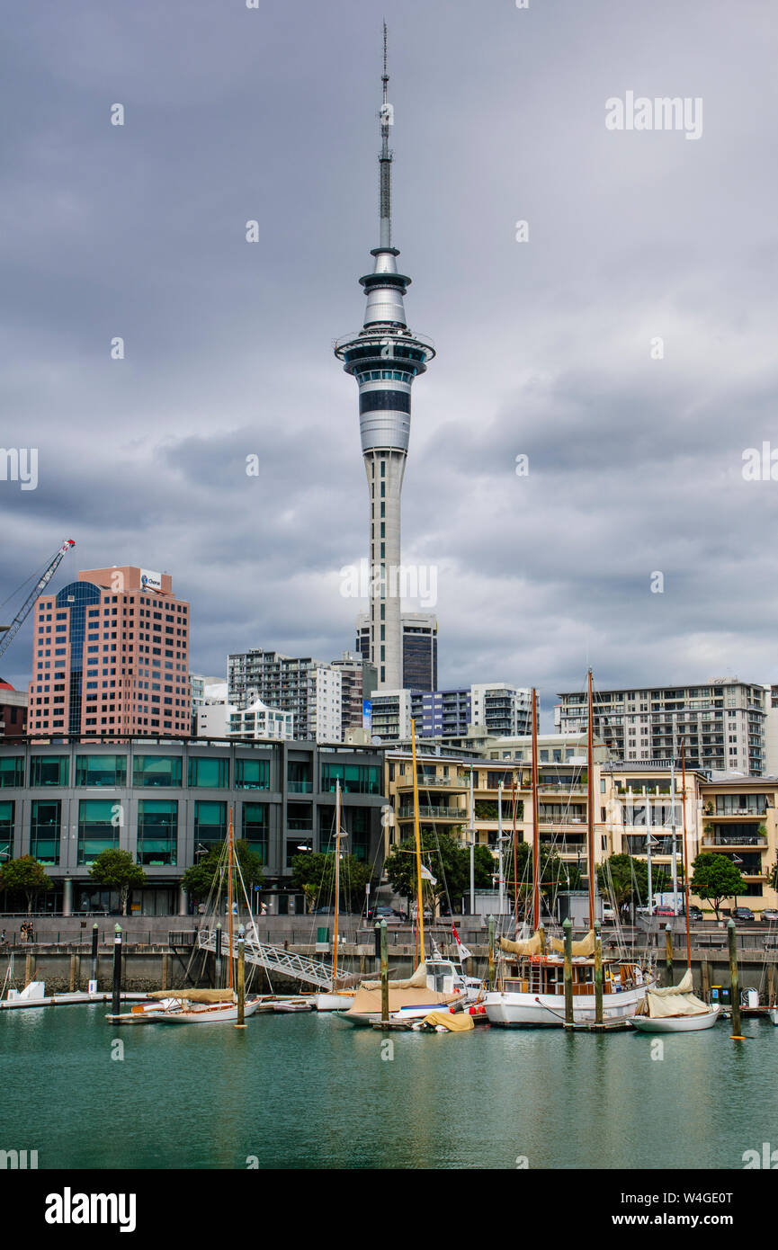 Il centro di Auckland con la Sky Tower, Nuova Zelanda Foto Stock