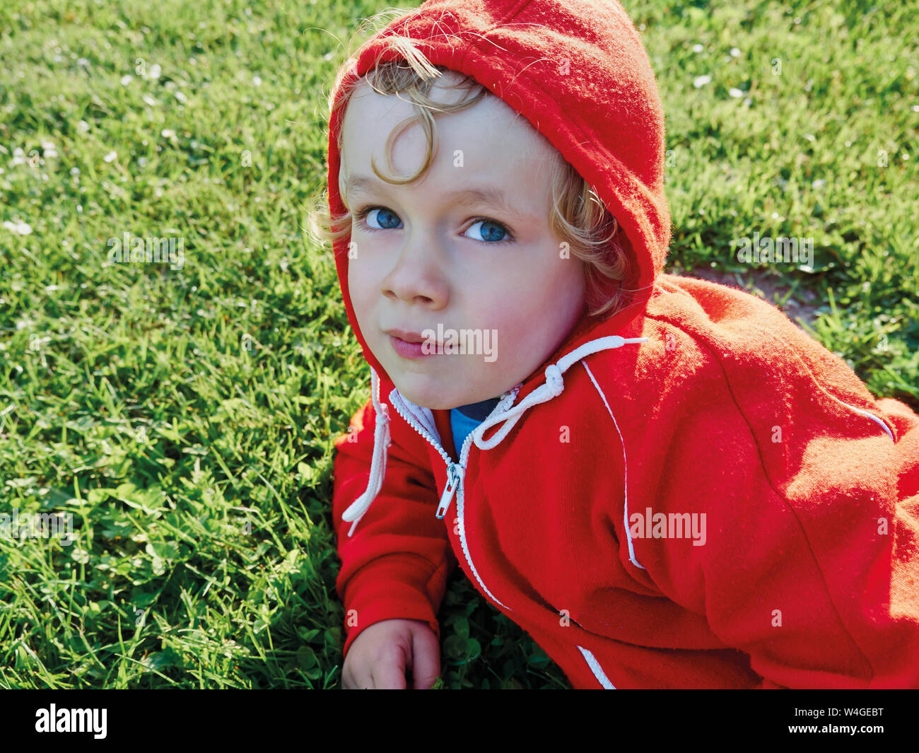 Ritratto di Little Boy sul prato rosso da indossare giacca hoooded Foto Stock