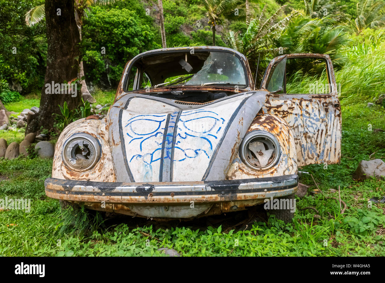 Vecchio arrugginito VW Beetle presso la banchina, Maui, Hawaii, STATI UNITI D'AMERICA Foto Stock