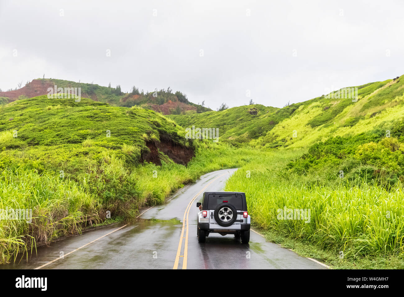 Veicolo fuoristrada su Kahekili Highway, montagne di West Maui, Maui, Hawaii, STATI UNITI D'AMERICA Foto Stock