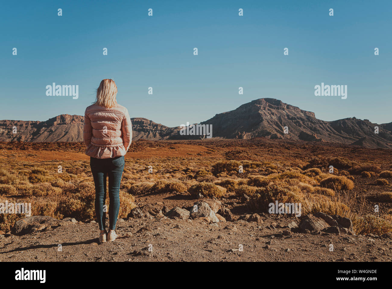 Vista posteriore della donna che guarda al vulcano Teide, caldera de Las Canadas, Tenerife, Spagna Foto Stock