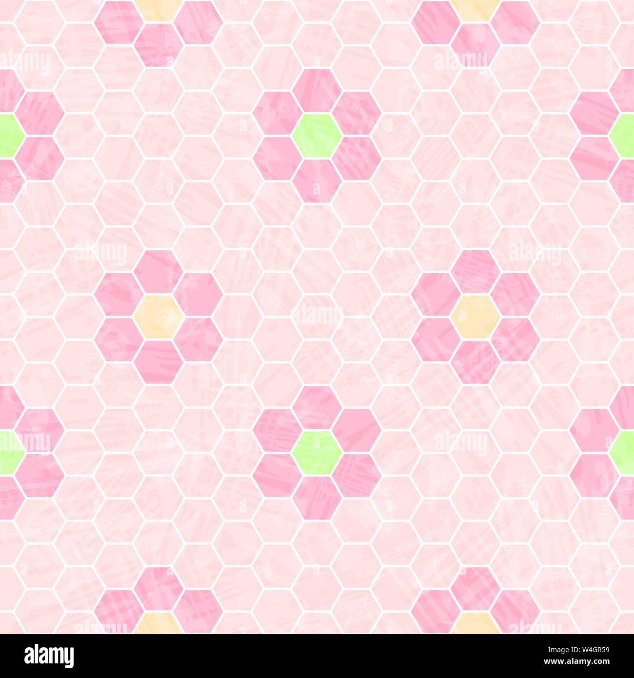 Rosa pastello e bianco design a nido d'ape con mosaici di fiori. Seamless pattern vettoriali trasparenti con effetto acquerello texture. Ottimo per il benessere Illustrazione Vettoriale