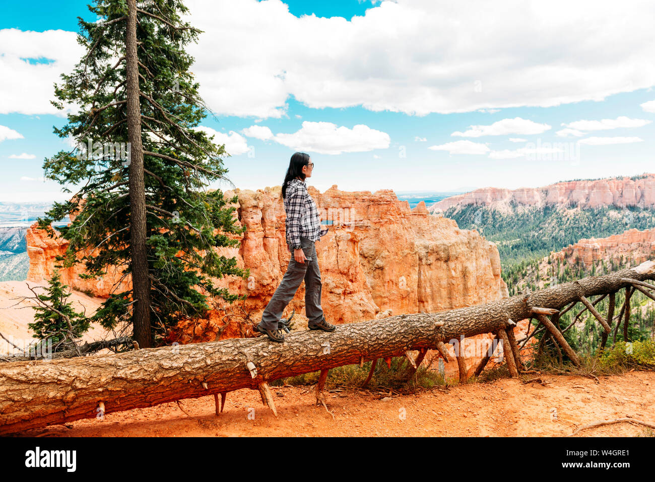 Traveler Donna che cammina sul tronco di un albero caduto godendo la vista di Bryce Canyon dello Utah, Stati Uniti d'America Foto Stock