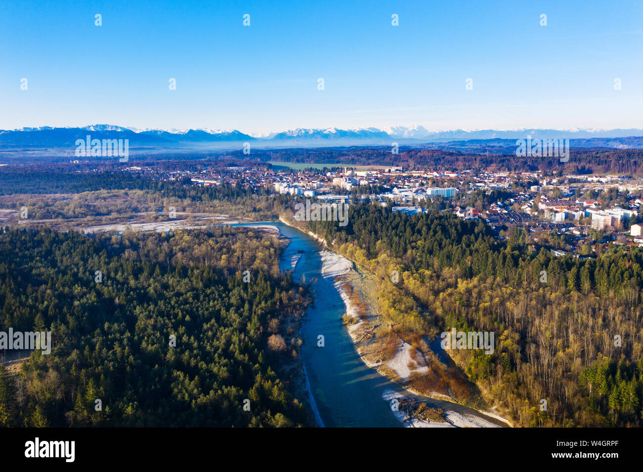 Vista aerea di Geretsried, Riserva Naturale di Isarauen, Alta Baviera, Germania Foto Stock