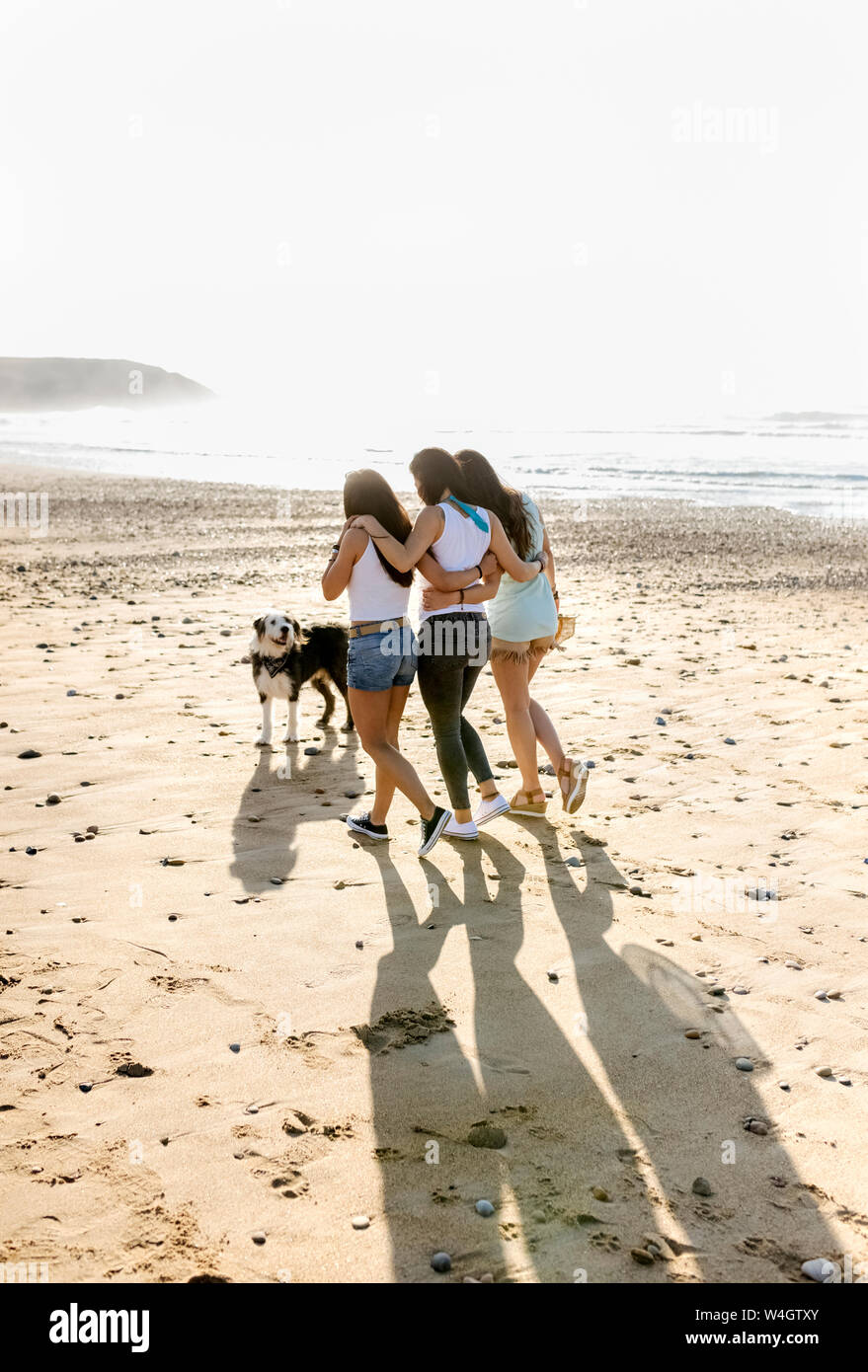 Tre donne con il cane a camminare sulla spiaggia Foto Stock