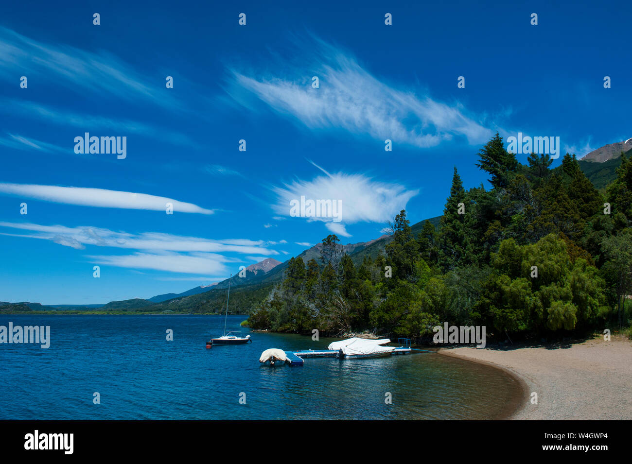 Spiaggia di un lago di montagna a Los Alerces National Park, Chubut, Argentina, Sud America Foto Stock