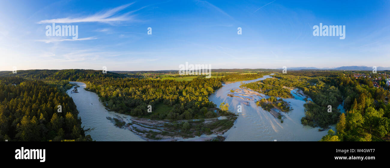 Vista aerea del fiume Isar, l'acqua alta, vicino a Geretsried, Alta Baviera, Germania Foto Stock