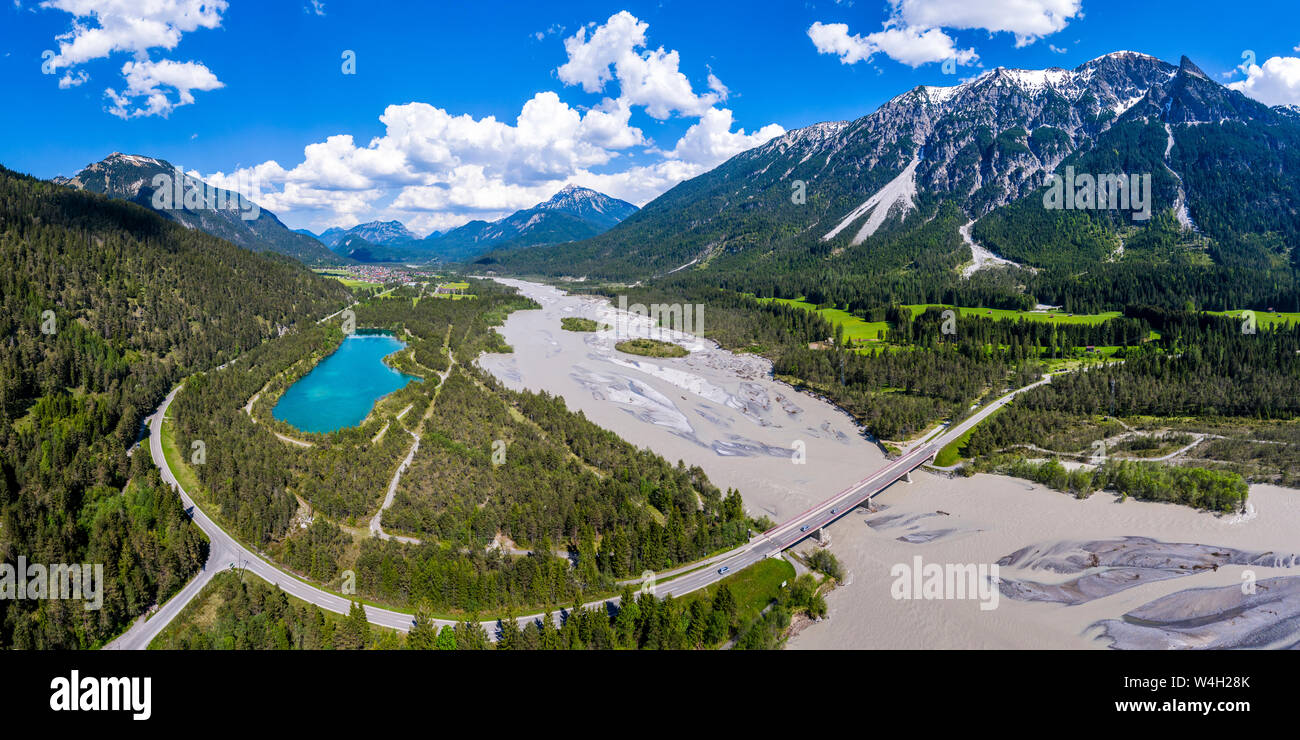 Veduta aerea Valle del Lech e il fiume Lech, Tirolo, Austria Foto Stock