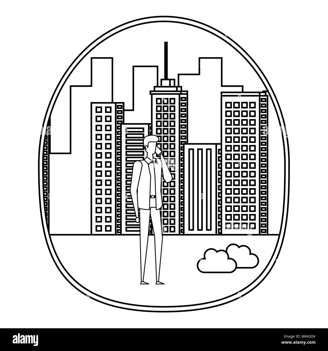 Imprenditore utilizza lo smartphone sulla città Illustrazione Vettoriale